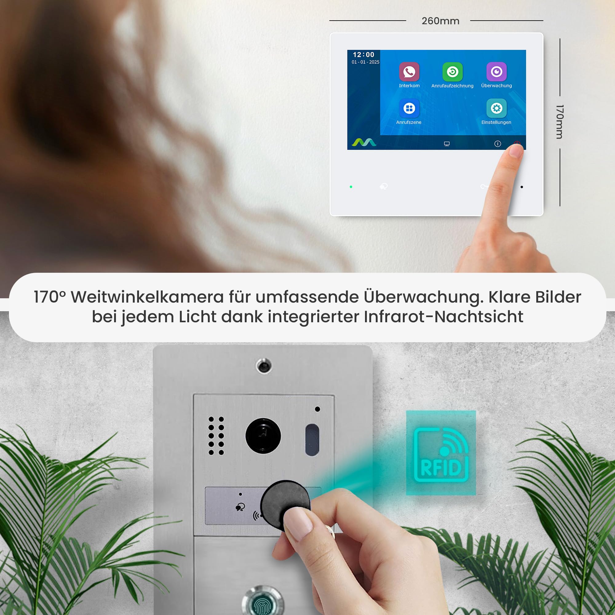 MATHFEL Video Türsprechanlage für 2 Familienhaus mit 2 Jahren Garantie - 7-Zoll 2 Megapixel Full HD Kamera mit Weitwinkel und Fingerprint - Türklingel mit Kamera 2 Familienhaus