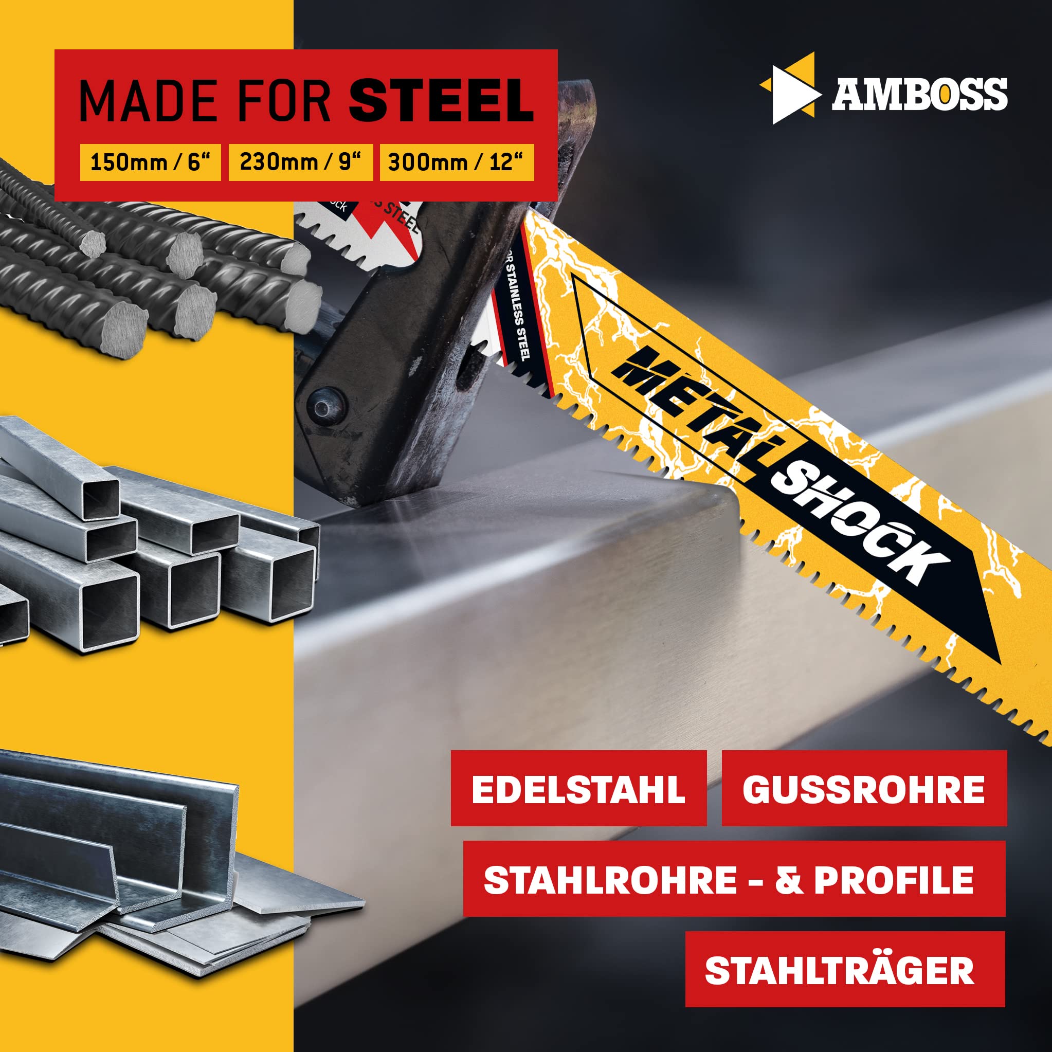 AMBOSS METAL SHOCK - 10 x brzeszczot do piły szablastej długość 230 mm / 10 ZpZ - idealny do odrywania/ montażu / demontażu/budowy rur - nadaje się do stali nierdzewnej oraz stali (rury/profile/nośniki) oraz rur żeliwnych