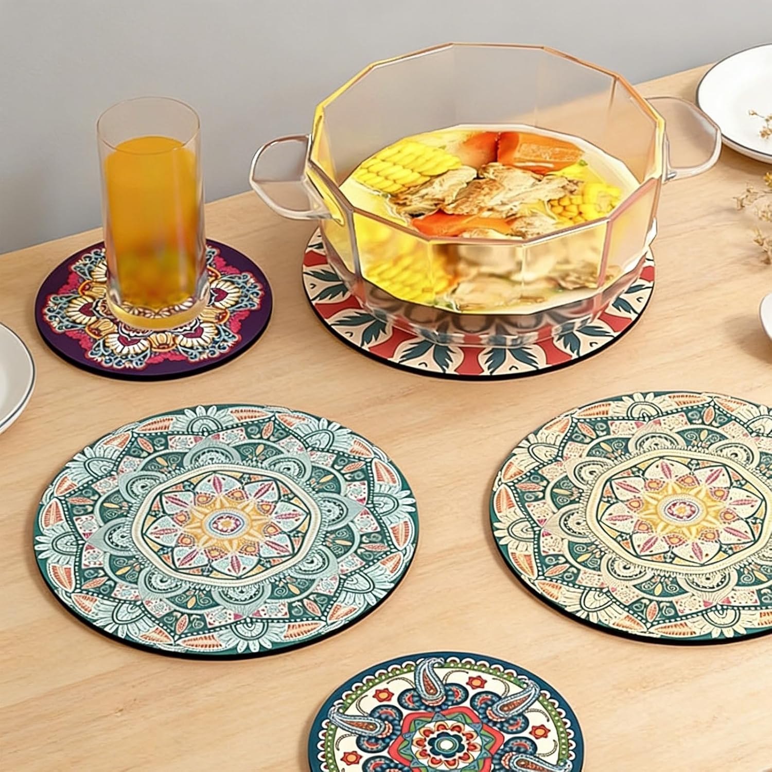 Heat Resistant Trivet & Coaster Set – Non-Slip Rubber Pads for Hot Pots, Dishes & Mugs. Scratch Resistant Round Mats for Kitchen Table (12cm/22cm) (2 Sets (A14+A15+A16),22x22cm)