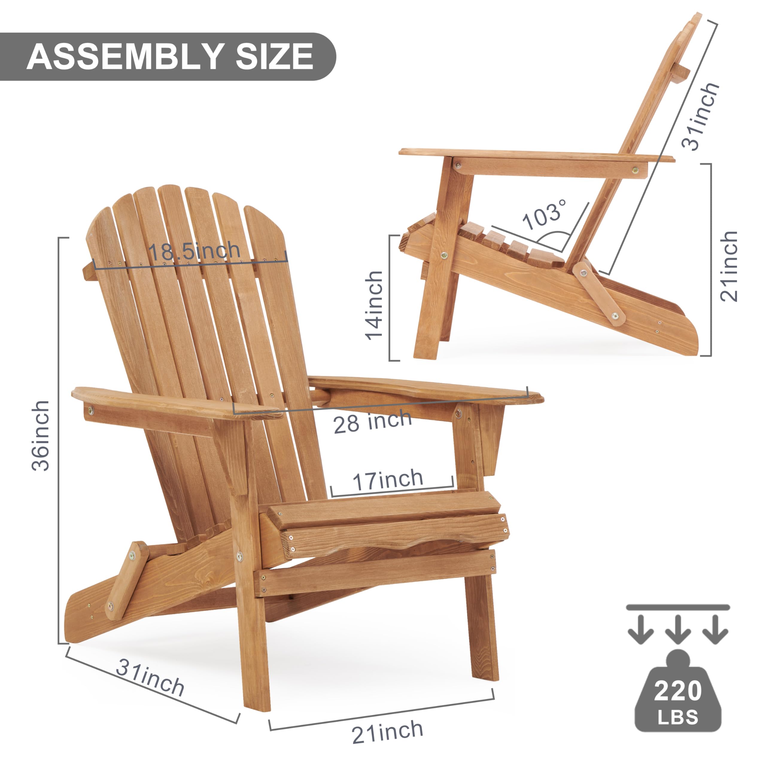 Outdoor Wooden Folding Adirondack Chair Set of 2 with Pre-Assembled BackRest, Wood Patio Chair for Garden Backyard Porch Pool Deck Firepit