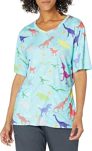 Funny Guy Mugs Scrubs Unisex Dinosaur Print V-Neck Scrub Top, X-Large