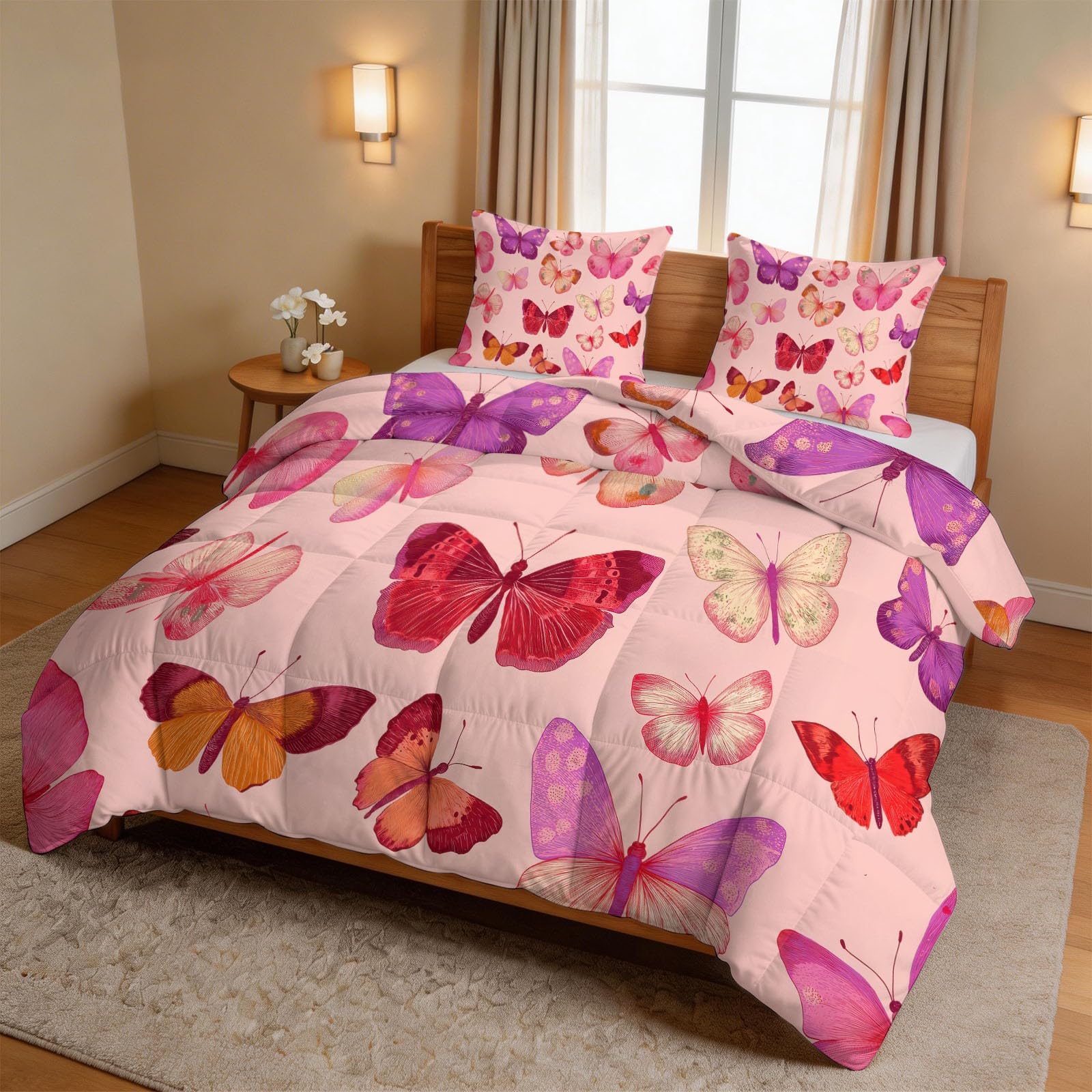 Letnia kołdra Romantic Watercolour 3 szt. Zestaw pościeli do łóżka 2-osobowego - 100% lekka i cienka prana bawełna - Zwierzęta motyle Skrzydła Kołdra 4 pory roku i 220 x 240 cm 2 poszewki na poduszki