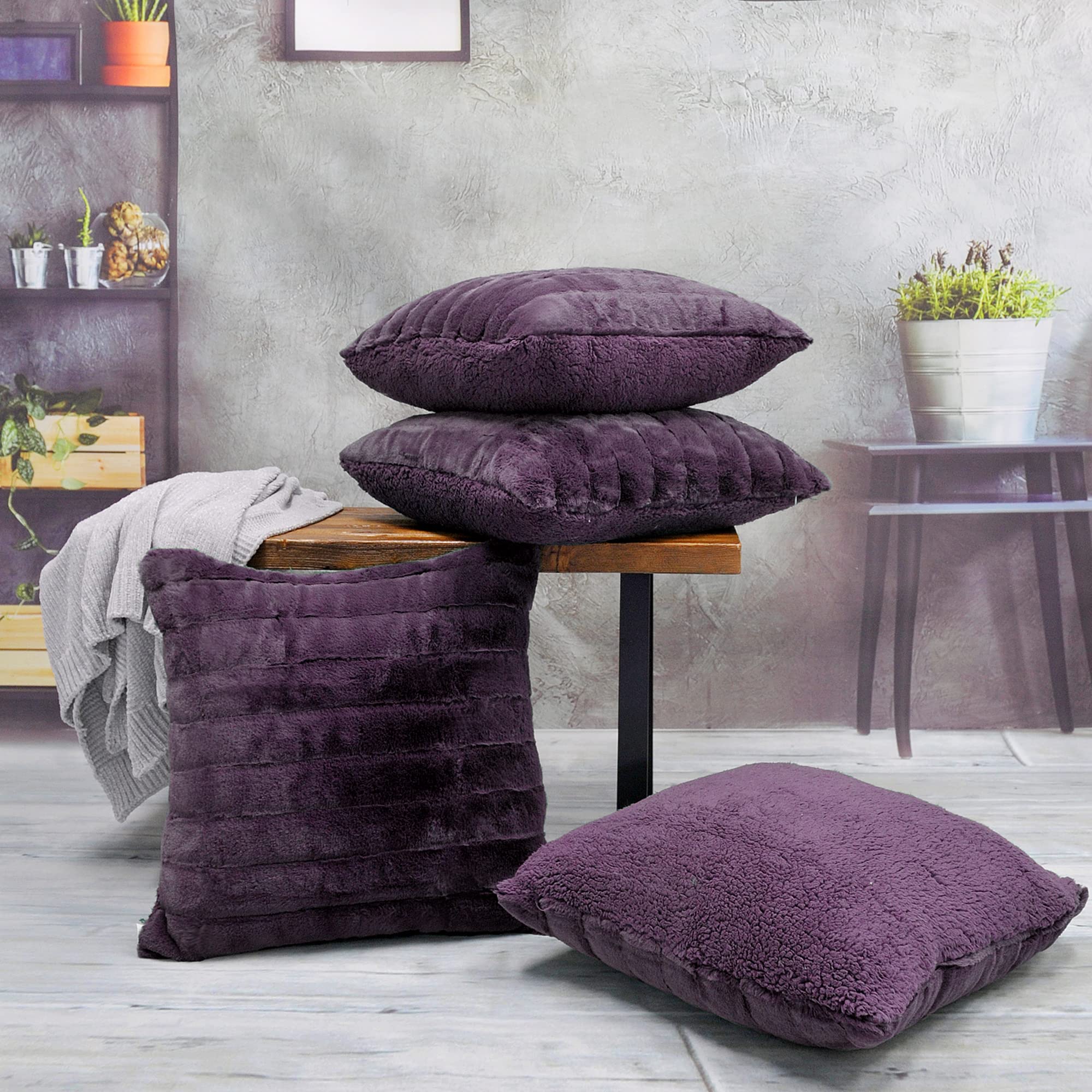 Home Soft Things Purple Super Mink Solid Color Throw Pillow Shell with Sherpa Backing Cushion Cover 4 Piece Set, 20