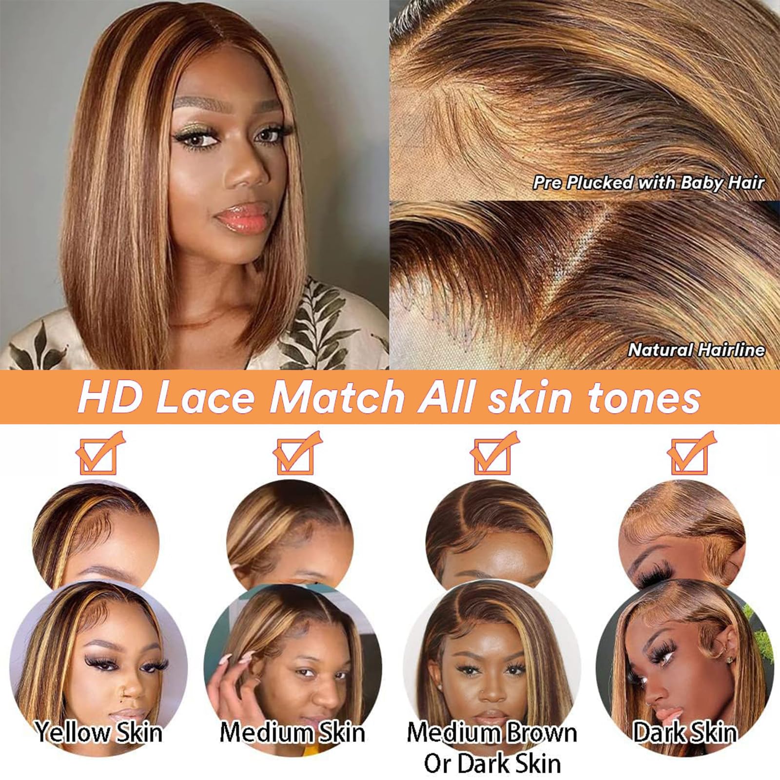 Peluca Bob con reflejos de cabello humano predepeilada 13x4 ombré rubio miel HD encaje frontal, pelucas Bob para mujeres negras 4/27 sin pegamento, peluca Bob ombré de rubio a castaño, lista para usar 5