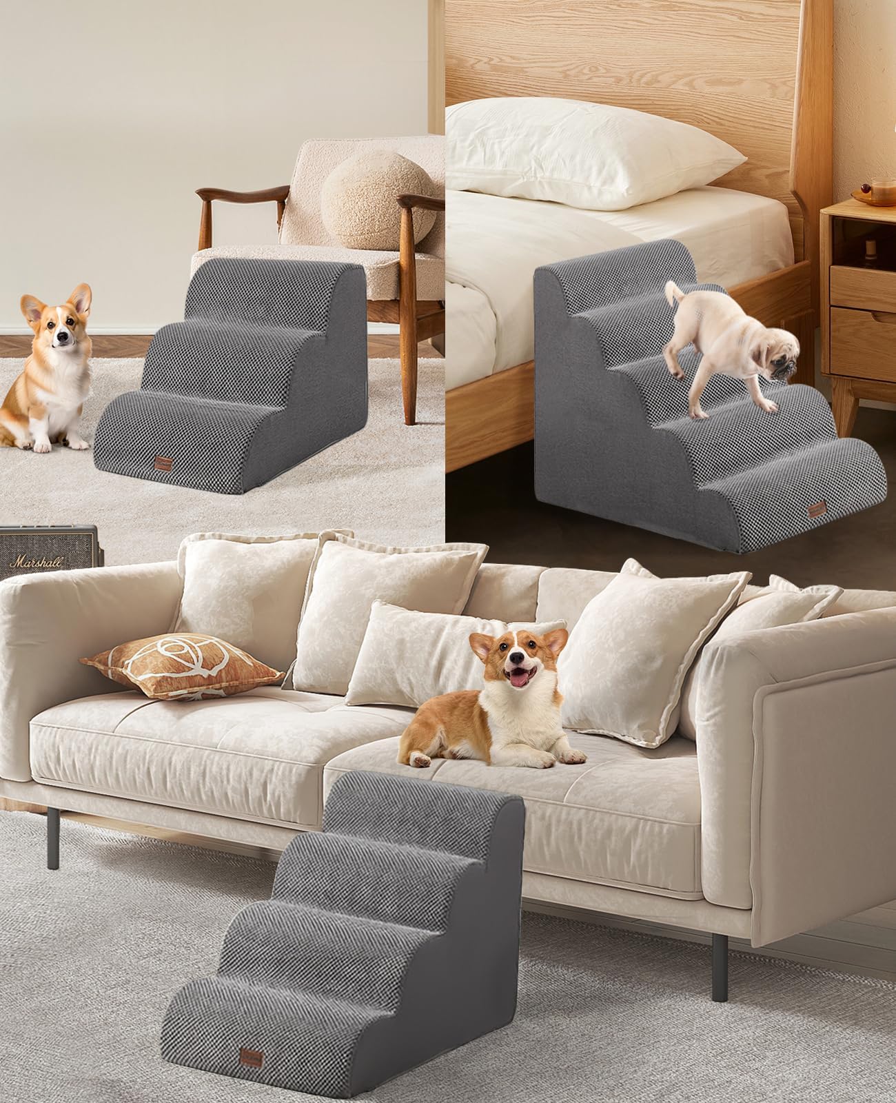 Scaletta Per Cani,3 Gradini Scala Antiscivolo per Animali Domestici,Scale per Cani per Divano e Letto con Fodera Copertura Rimovibile e Lavabile (Grigio)