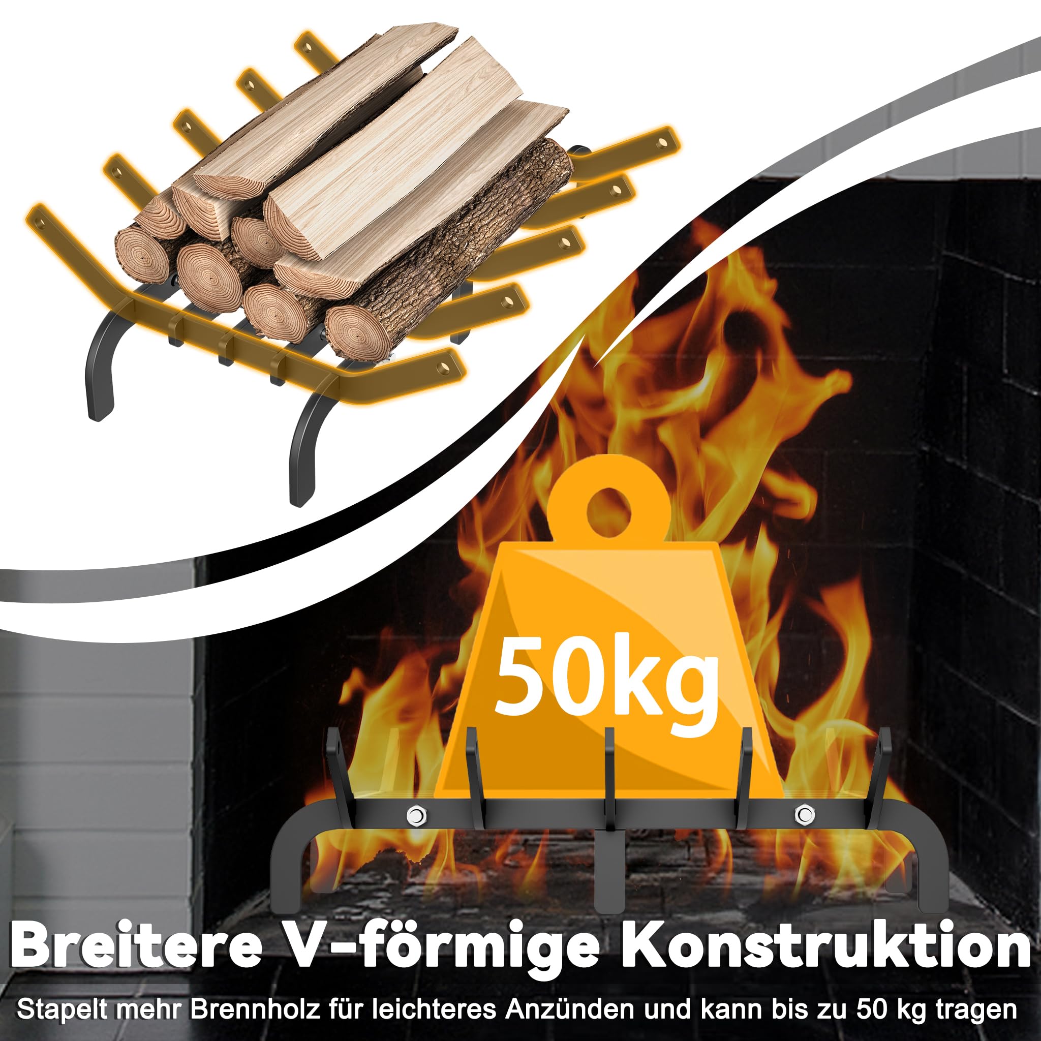Froadp Parrilla para leña de chimenea Parrilla robusta para chimenea de acero rico en carbono Parrilla de fuego para chimenea leña leña de chimenea soporte para madera con pies soporte para leña para