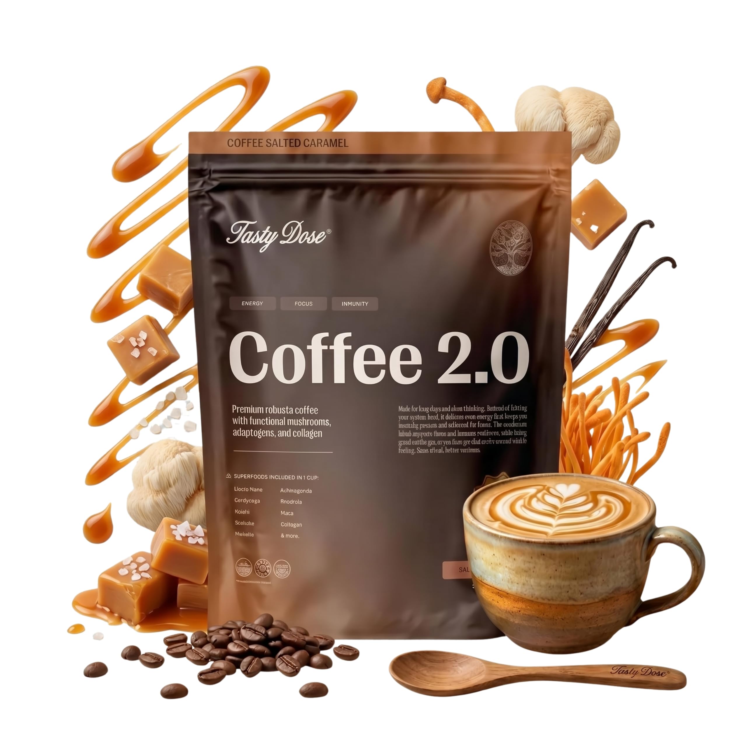Tasty Dose's Coffee 2.0. Kaffee & Karamell. 7 Vitalpilze (Lion's Mane, Tremella, Shiitake, Maitake, Samsoniella, Reishi und Cordyceps) + Ashwagandha + Kollagen, Instant Pilzkaffee, 30 Portionen, 288 g