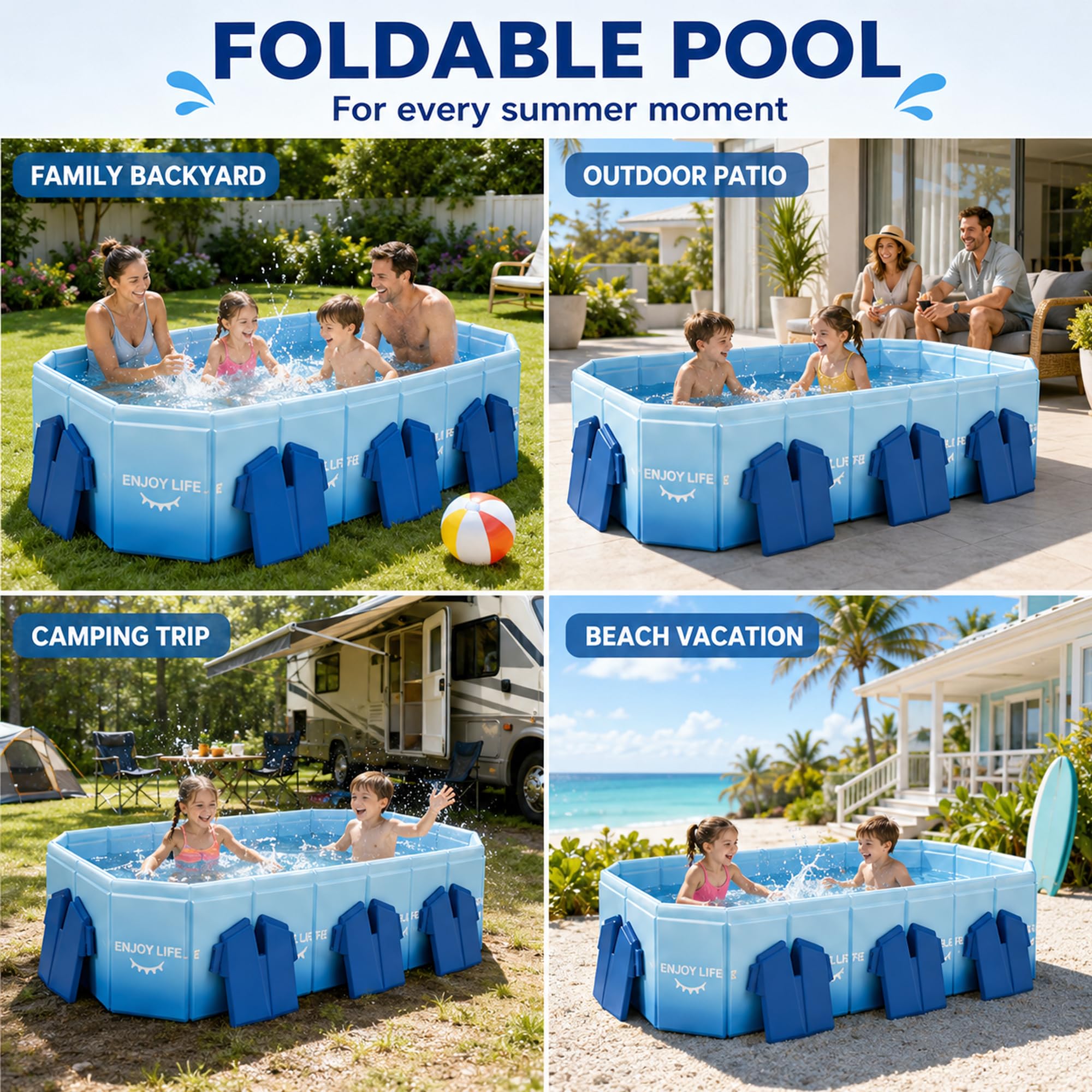 Nicht Aufblasbarer Faltbarer Pool, 5-Schichtiger Verstärkter Familienpool | PVC Faltbare Pools, 60° Halterungen & Doppelablauf, Garten Terrasse Camping Hundebad(C,1.5m/4.9ft)