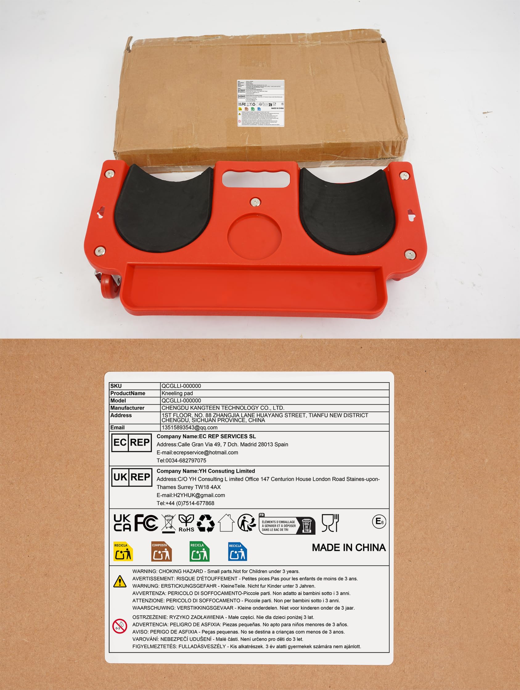 Ginocchiera arrotolabile, con imbottitura in schiuma, telaio in ABS antiurto, 5 ruote girevoli, portata 100 kg, rosso e nero, per l'industria edilizia e l'officina automobilistica