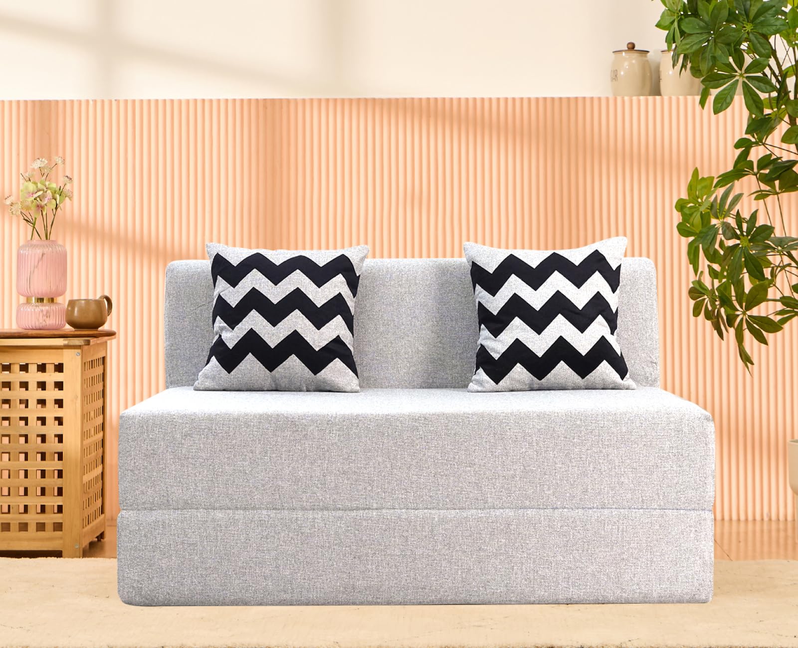 uberlyfe 2 Seater Sofa Cum Bed | Jute Fabric Washable Cover | 2 Cushions Zigzag Pattern | Silver | 4' X 6' Feet