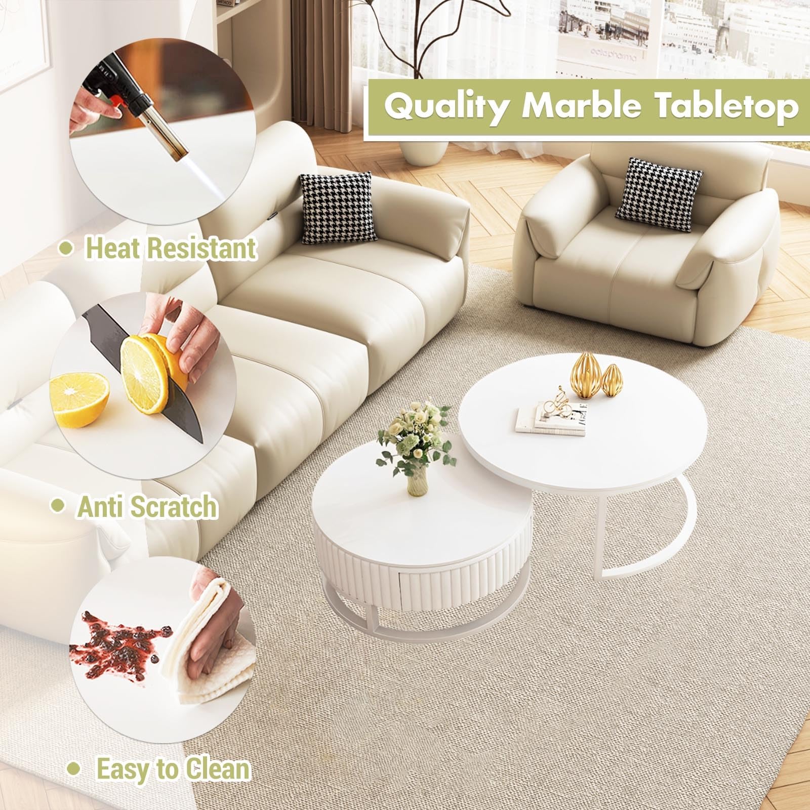 Marmor Couchtisch Rund Weiss Mit Stauraum Runder Couchtisch Weiß 2er Set 50+70cm Wohnzimmertisch Modern Mit Holz Schublade Satztische Fürs Wohnzimmer Tisch Ausziehbar Couchtische