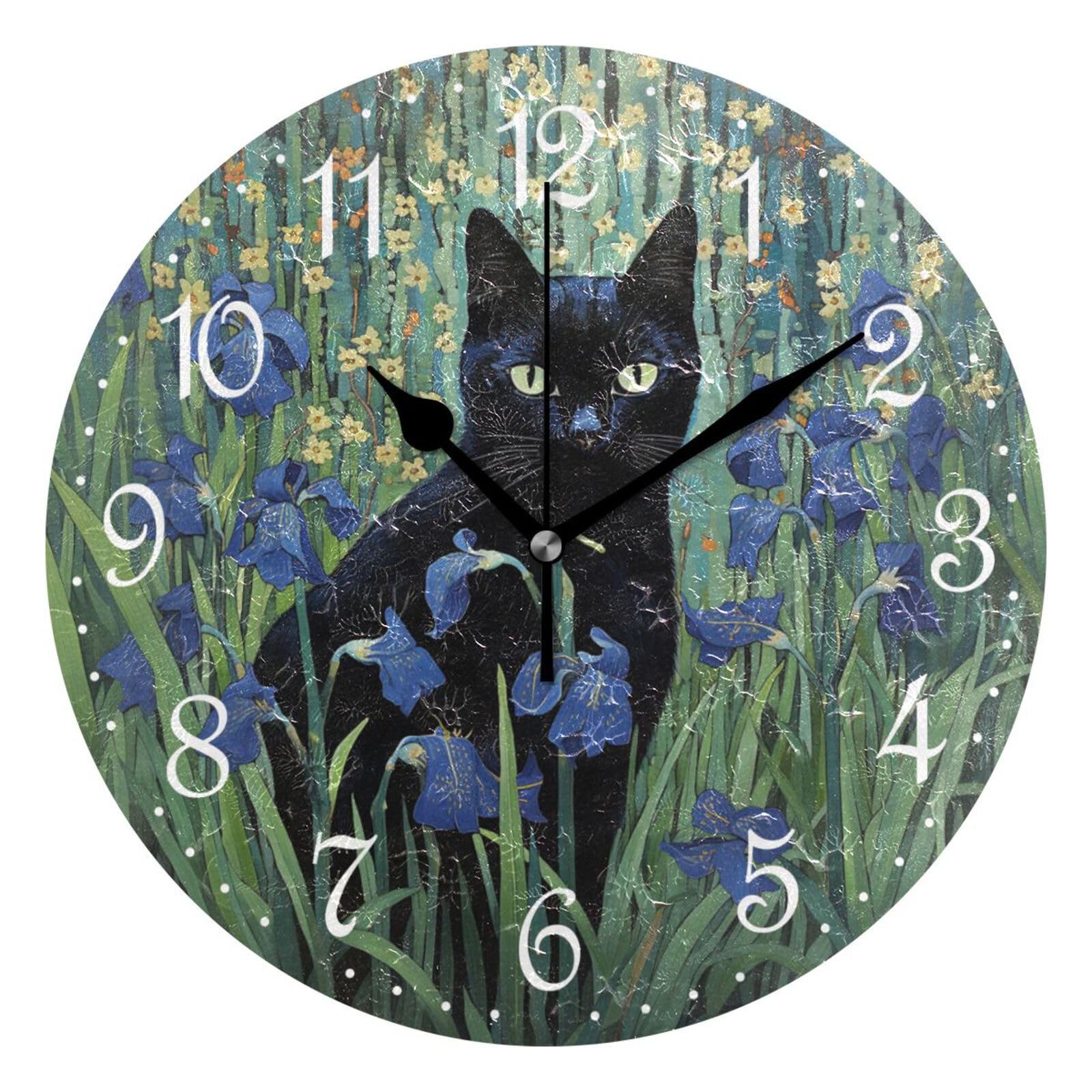 Horloge murale chat noir fleur violette idéale pour une chambre zen