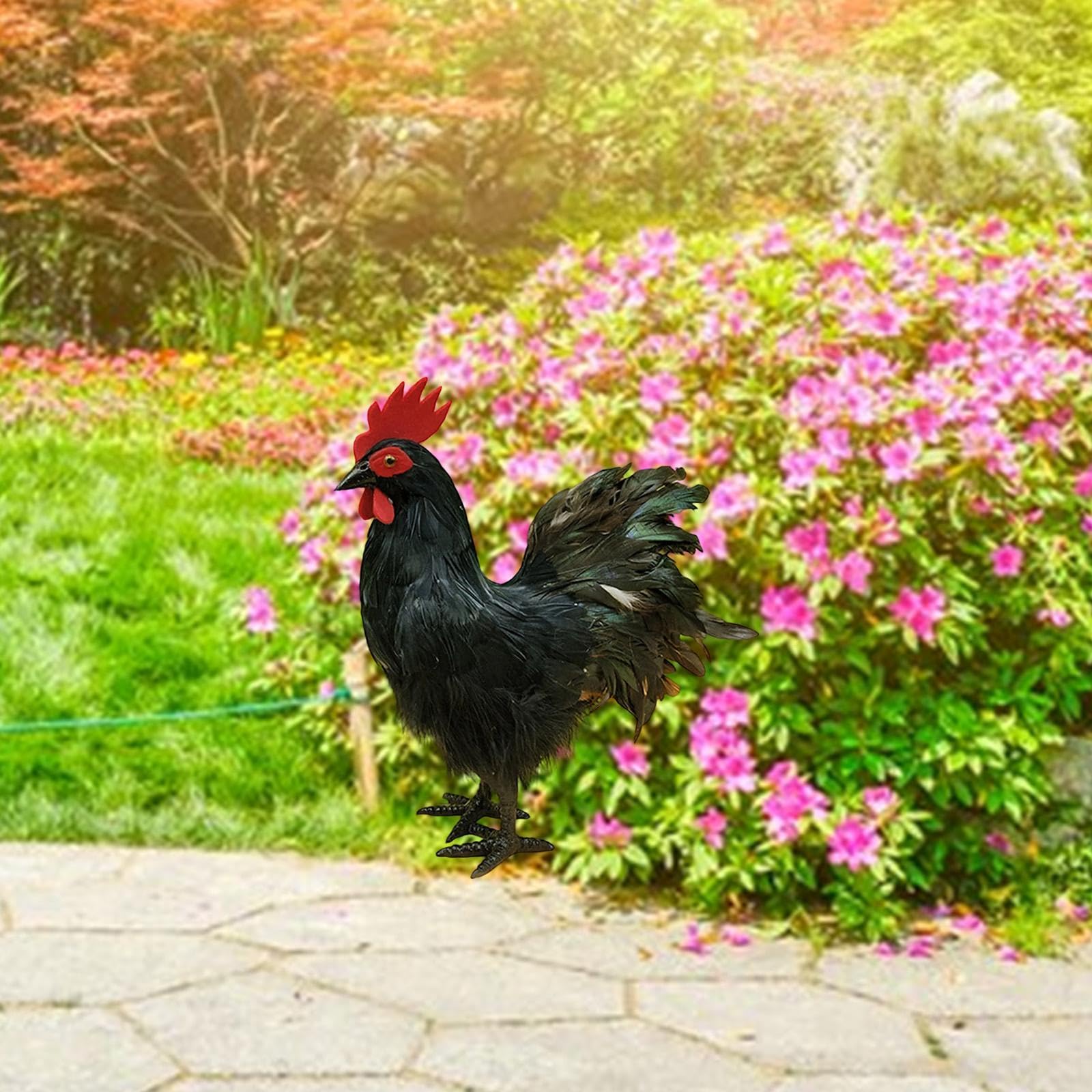 Fenteer 34cm Realistische Hahnfigur Schwarz, Gartenfigur Huhn Deko