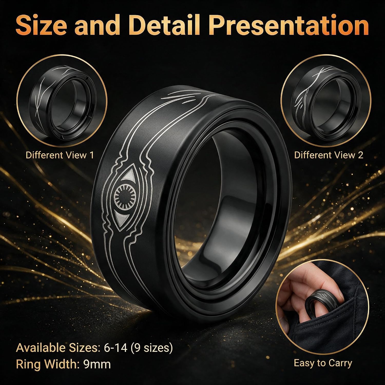 9mmMystic All-Seeing Eye Magnetic Fidget Ring Stainless Steel Stress Relief | Protective eye engraving, audible click feedback, hypoallergenic build, discreet ADHD sensory tool, office school wear