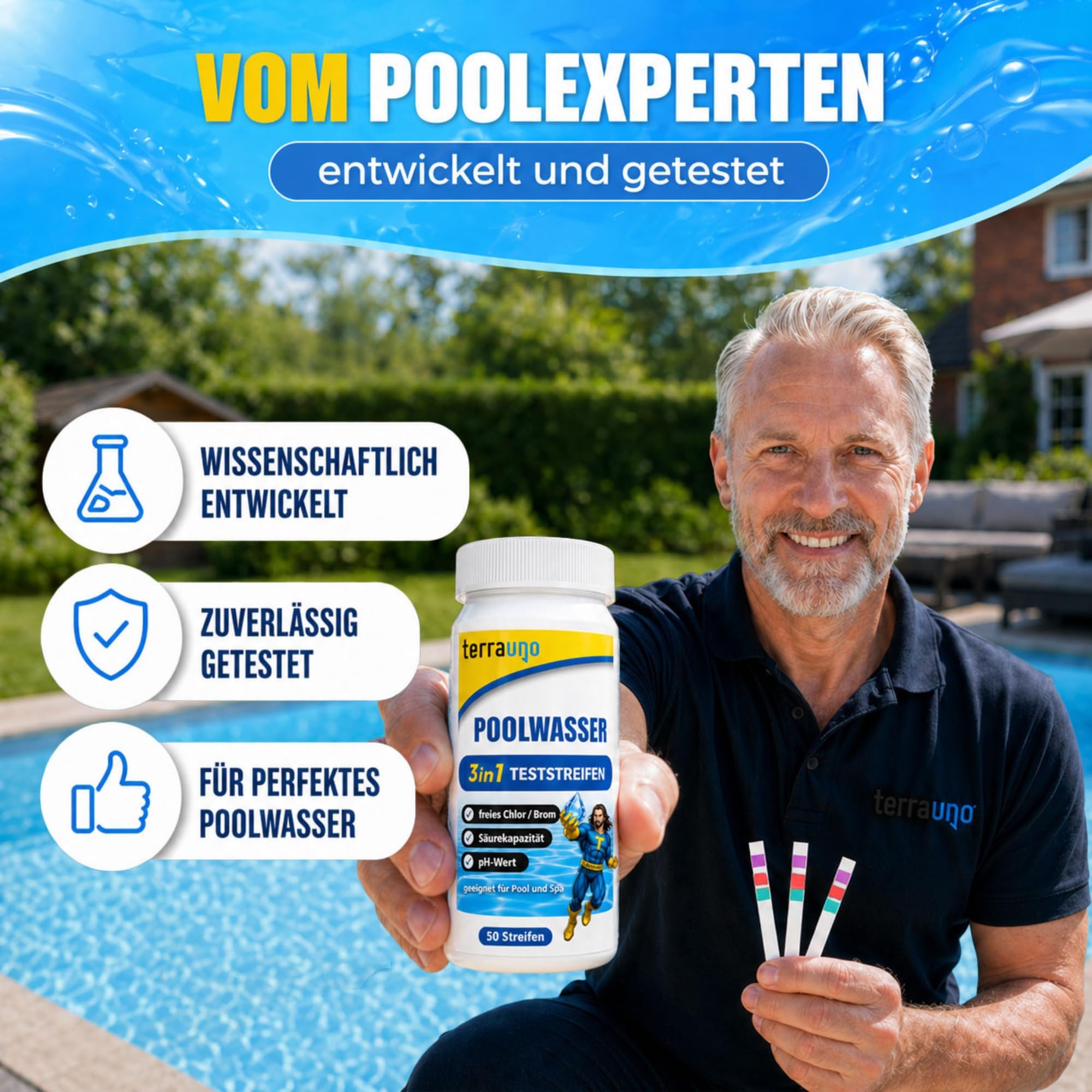 TerraUno Pool Teststreifen 3 in 1, 50 Stück Pooltester für pH Wert, Chlor und Säurekapazität, Wasseranalyse mit Poolteststreifen, für Pools und Whirlpools zur regelmäßigen Wasser Kontrolle (50 Stück)