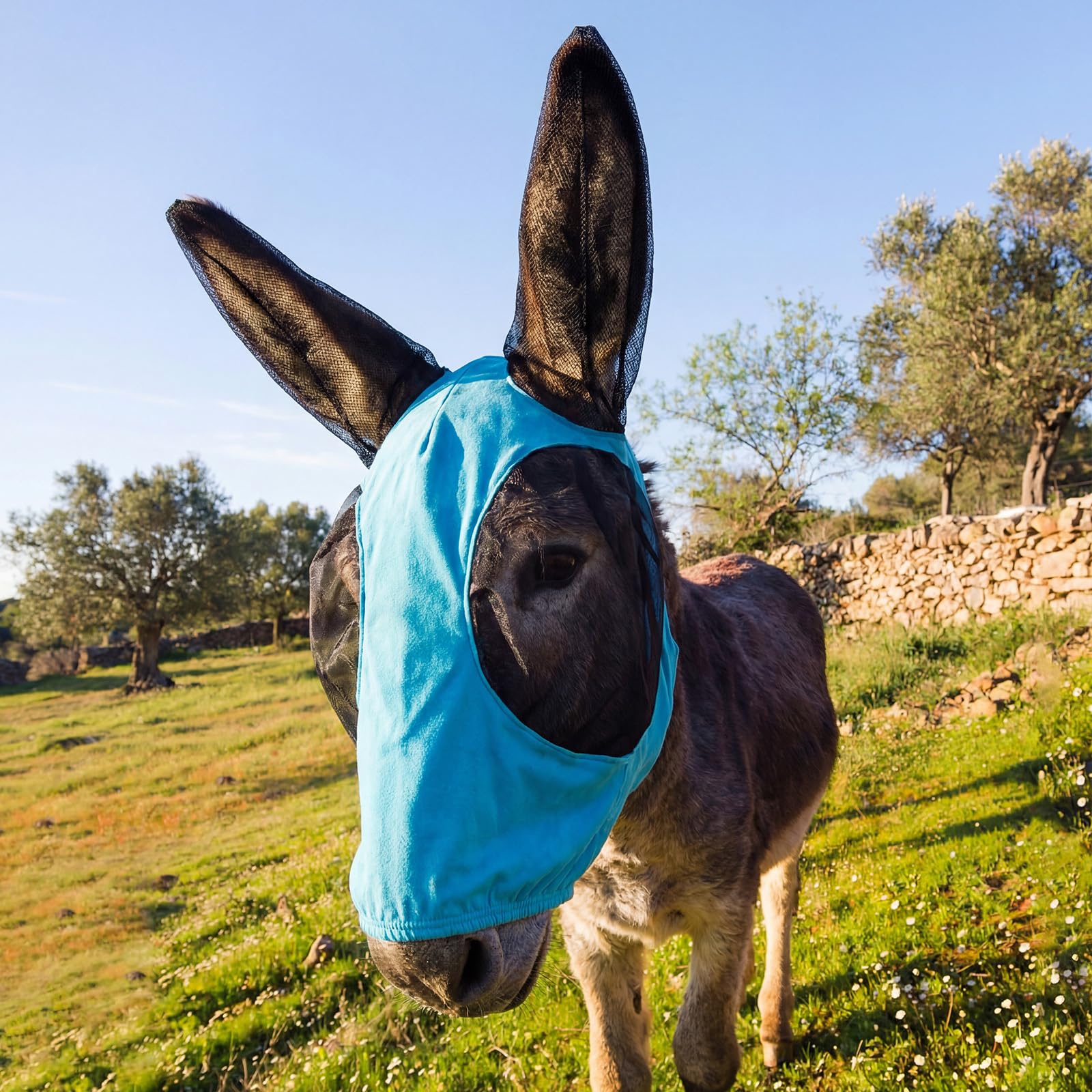 Esel Fliegenmaske mit Ohrenschutz, dehnbare Mule-Maske mit großen Netz-Augenabdeckungen, weich auf der Haut, bequem, atmungsaktiv, Schutz vor Insekten und Insekten