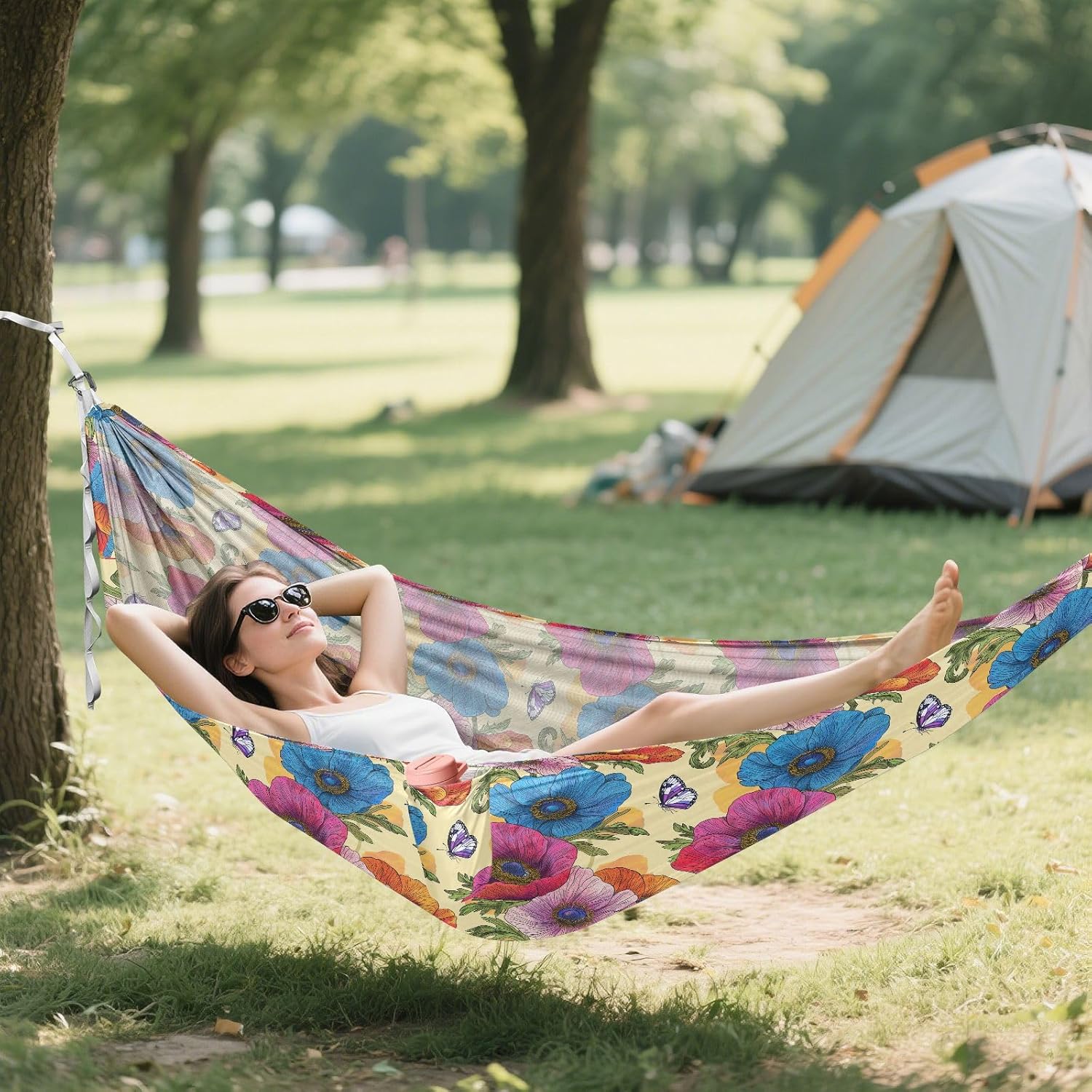 ALAZA Anemone Flower Butterfly Camping Hammocks Single or 2 Person 500 lbs Portable Parachute Travel Hammock w/Tree Straps for Hiking Backpacking Indoor Outdoor