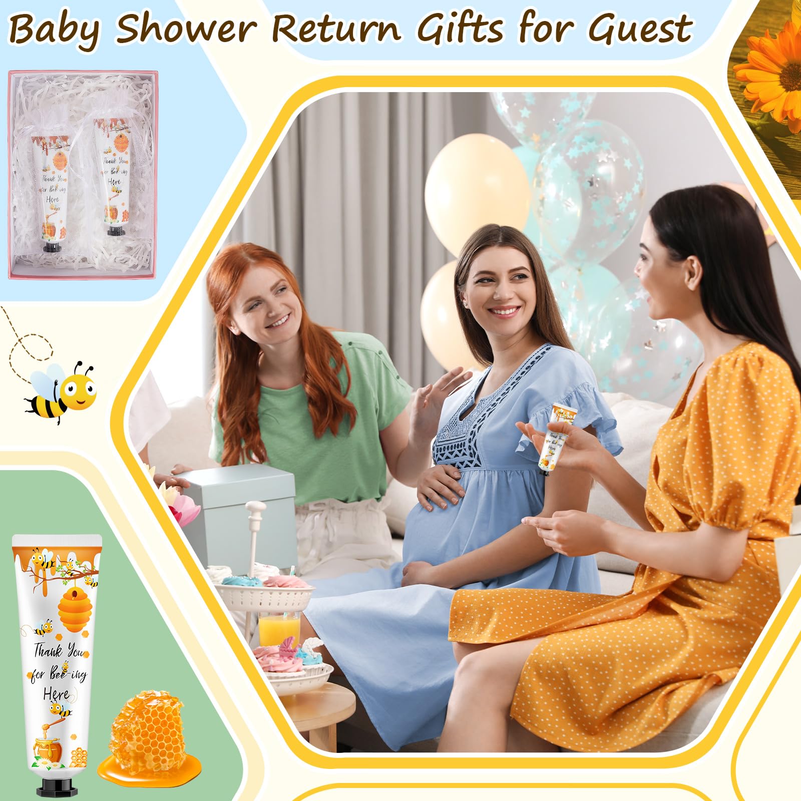 48 juegos de crema de manos para baby shower, miel de abeja, recuerdos para baby shower, crema de manos de agradecimiento para invitados, loción de viaje con bolsas de organza.
