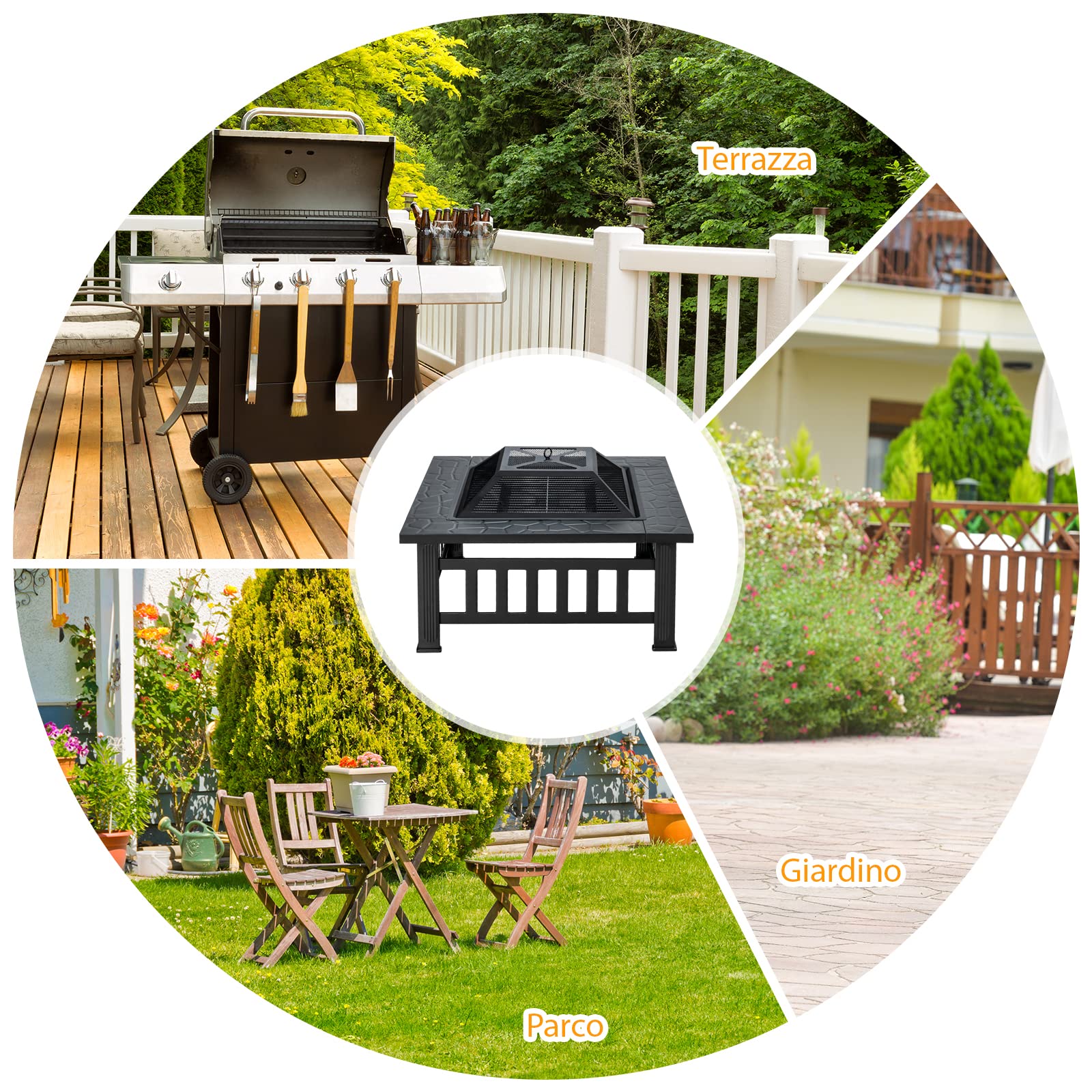 COSTWAY Braciere da Esterno 81cm, 3 in 1 Braciere da Giardino con Parascintille Griglia, in Acciaio, Diametro 81 x 81 x 50 cm (Nero)