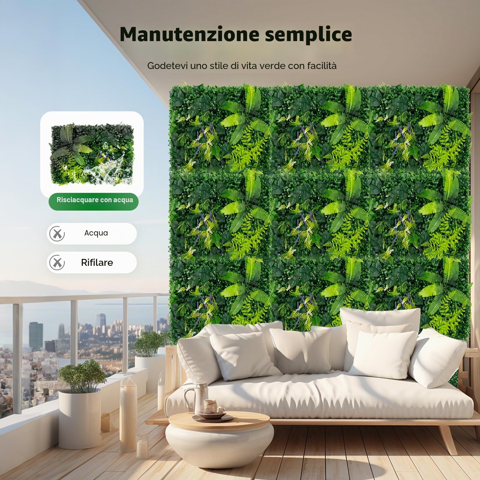 Parete vegetale artificiale, 6 pannelli, siepe artificiale, pianta sintetica, 60 x 40 cm, decorazione vegetale da parete, giardino, balcone, terrazza soggiorno, fogliame impermeabile, 3D