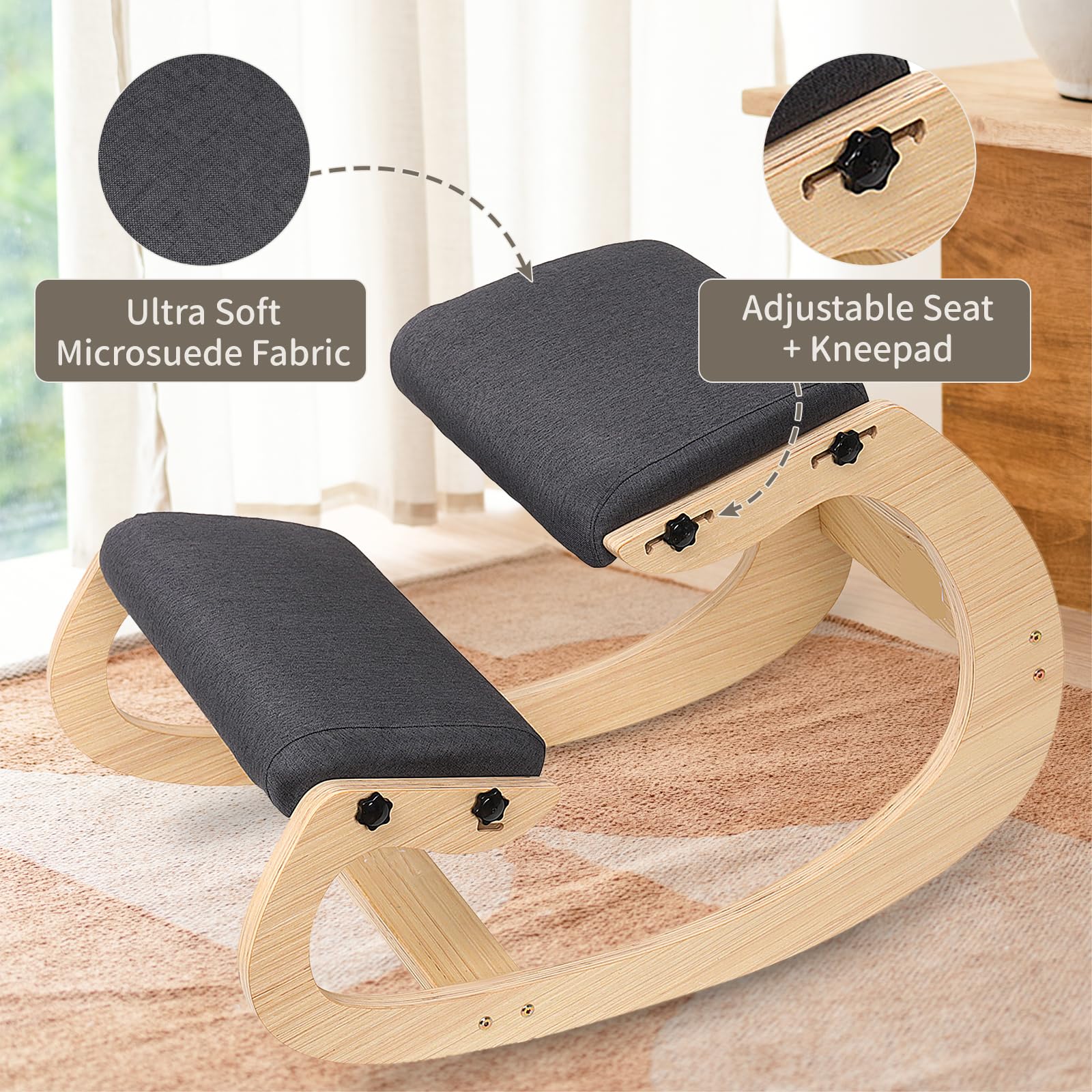 Chaise ergonomique à bascule réglable 3 vitesses, tabouret à genoux en bois avec siège incliné et coussin en lin pour soulager les douleurs du dos et du cou
