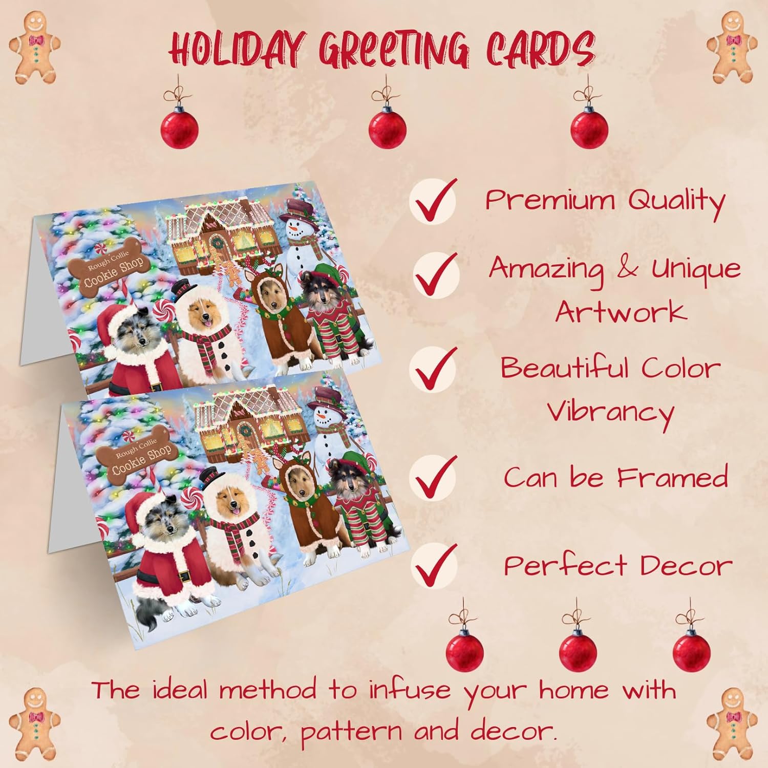 Doggie of the Day Holiday Gingerbread Cookie Shop Rough Collies Dog Note Cards - Adorable Pets Invitation Cards with Envelopes - Pet Artwork Christmas Note Cards GCD71675 (10 Greeting Cards)