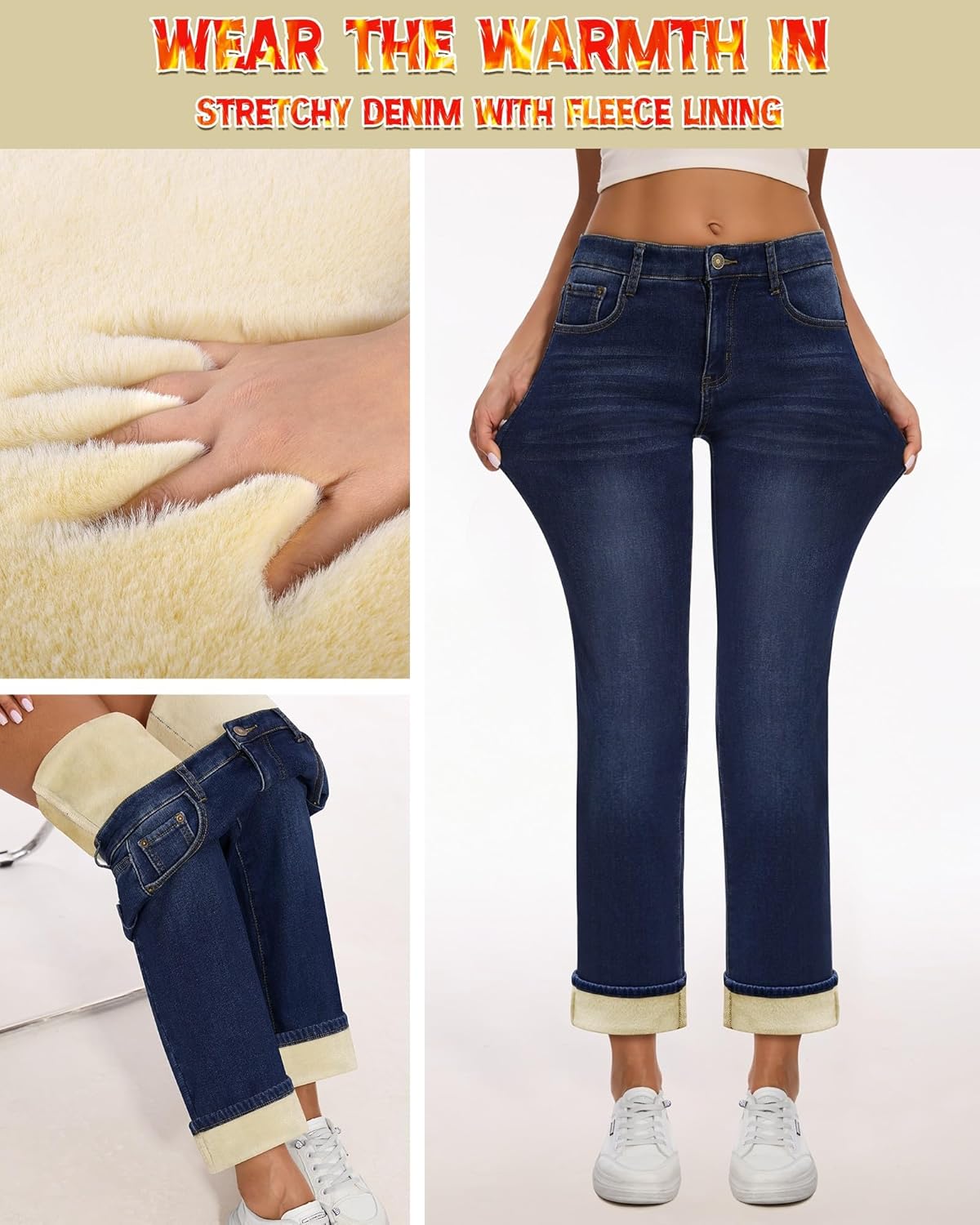 Women Fleece Lined Jeans Women's High Waisted Straight Leg Jeans Winter Fleece Lined Jean Pants - Image 4
