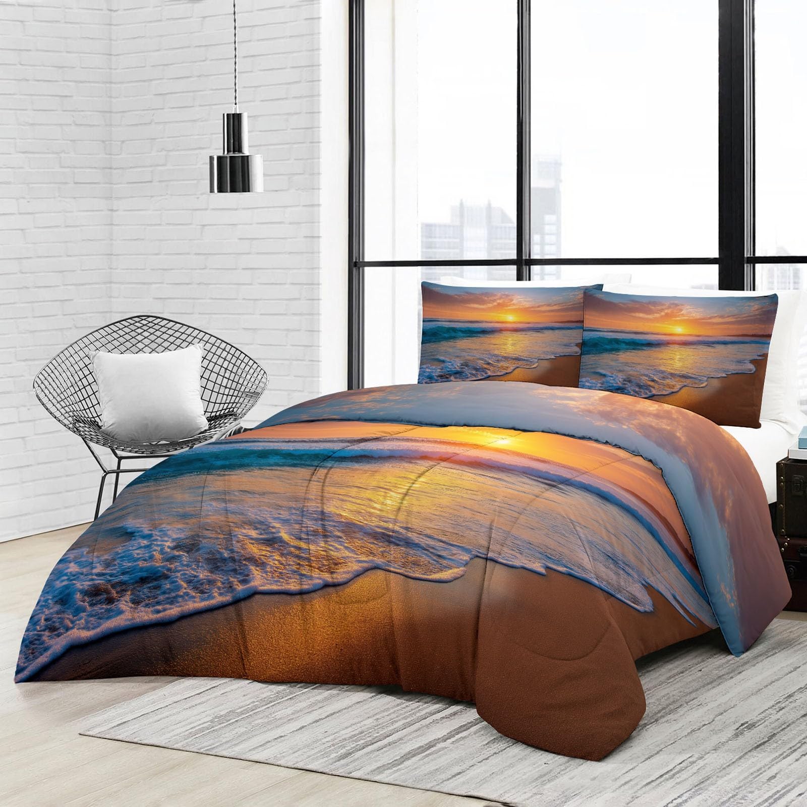 Bettdecke 135 x 200 cm Ganzjahresdecke Steppdecke - Bettdecke Ohne Bezug Naturlandschaft Strand Sonnenuntergang - 4 Jahreszeiten Bettdecken Wende Orange Farbe, Weiche Warm Duvet Schlafdecke