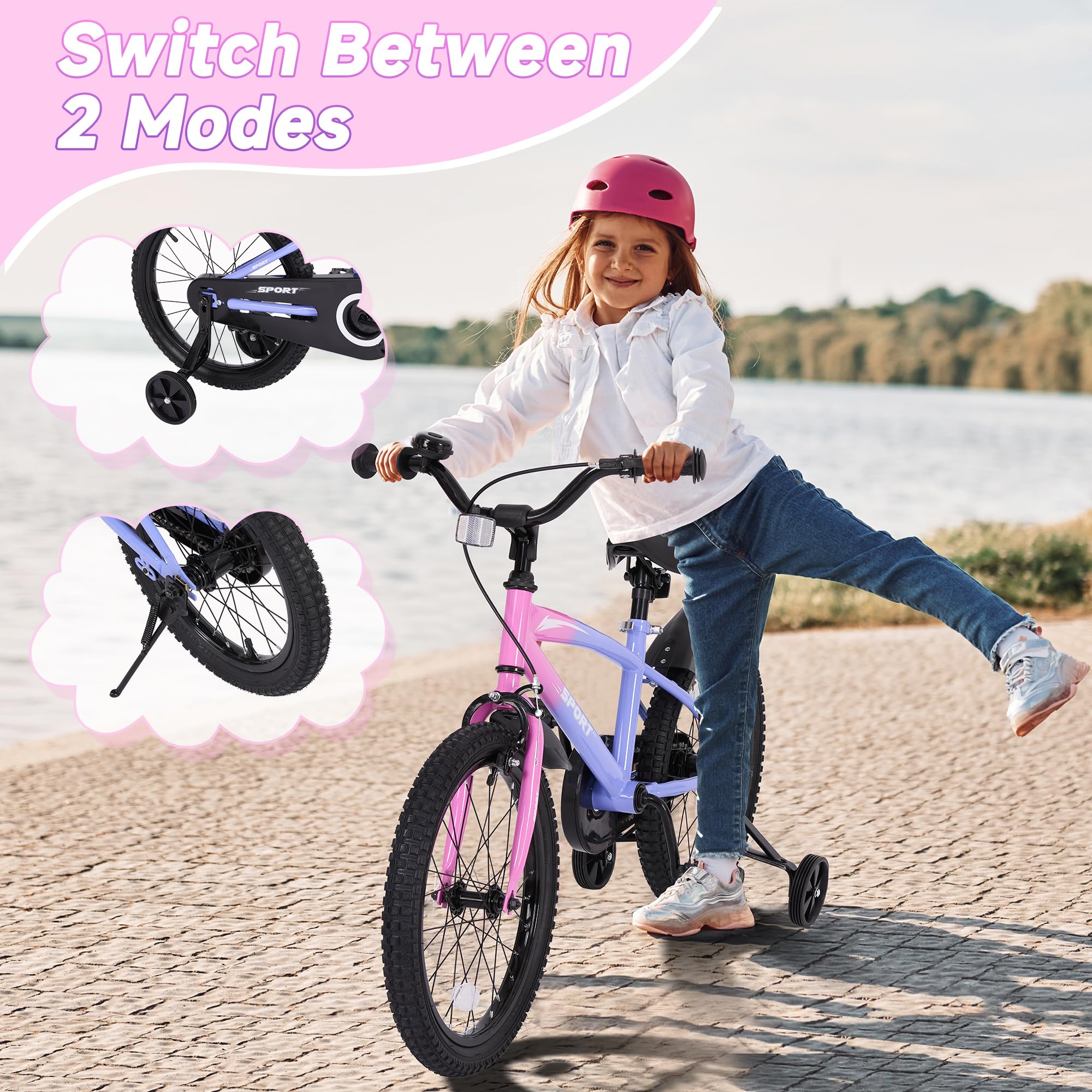 BODIOO Kids Bike for Boys Girls 16 Inches Kid Bicycle with Kickstand Training Wheels Sturdy Frame Adjustable Seat Handbrake and Coaster Brake Bell for Rider Height 41 to 46 Inch