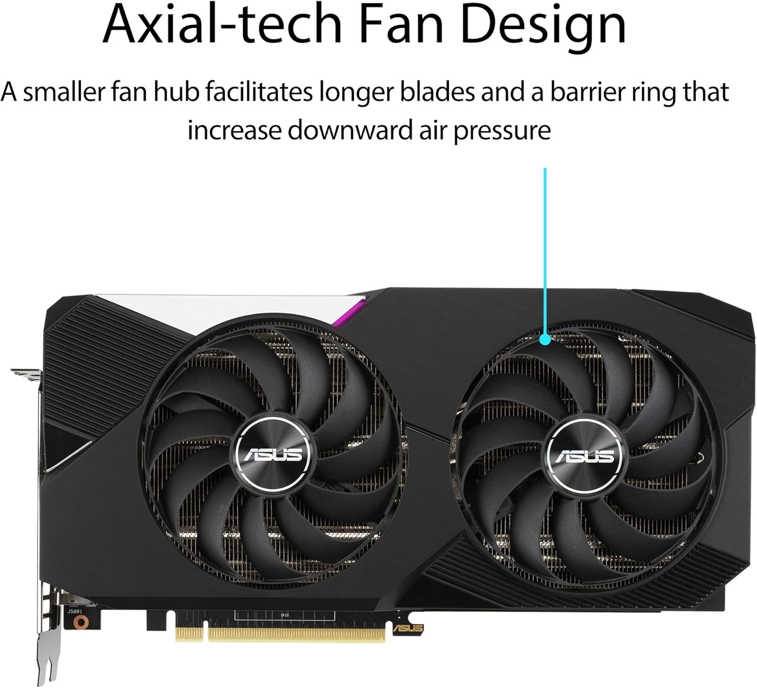 Gambar deukeut desain kipas Axial-tech dina Kartu Grafis ASUS Dual NVIDIA GeForce RTX 3070 OC Edition