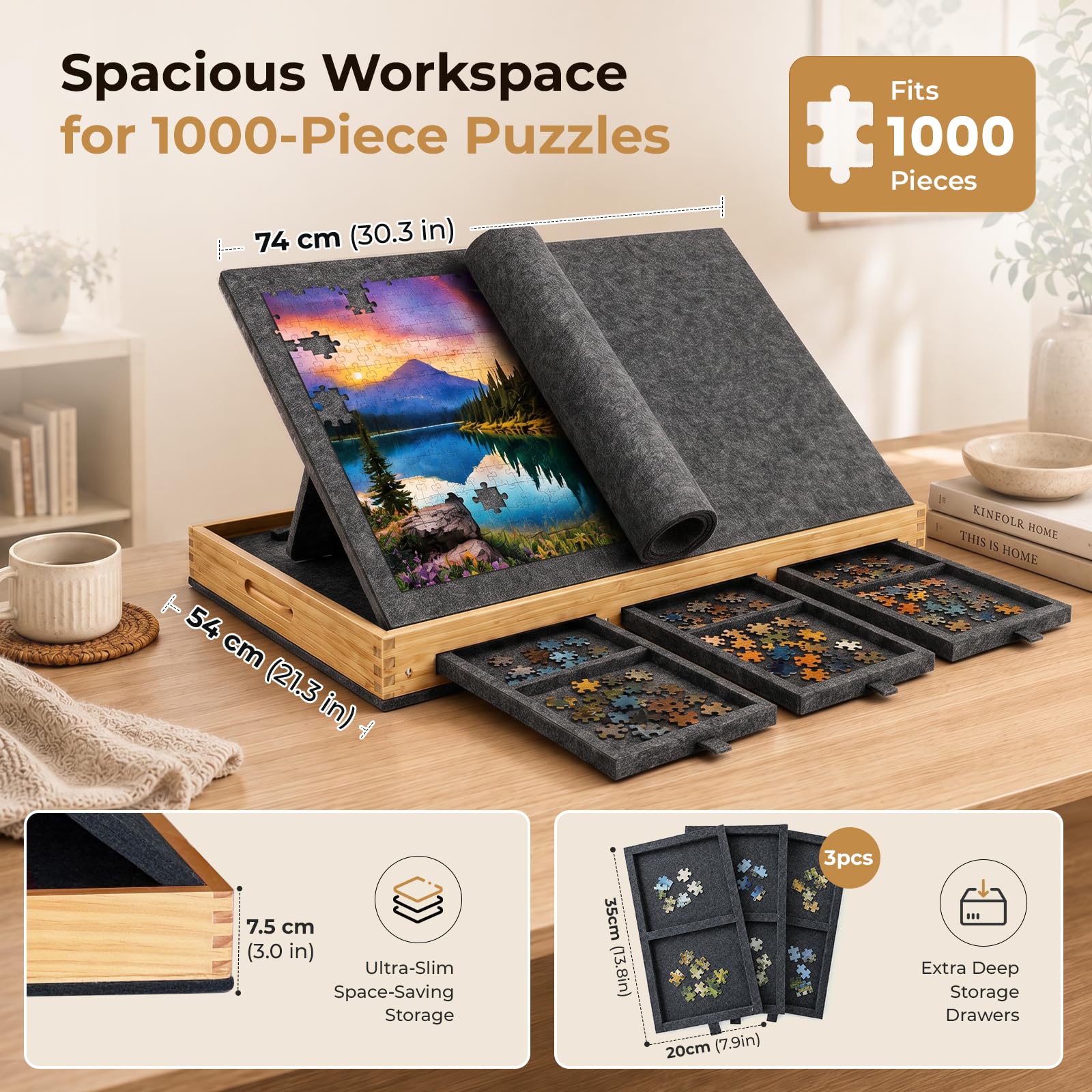 Puzzle portatile in legno e feltro, 1000 pezzi, con 3 cassetti (nero) | Tavolo puzzle con copertura protettiva in feltro, puzzle con 3 angoli di inclinazione, il regalo perfetto per adulti