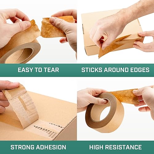 Miniatura 3 de Lockport Cinta de embalaje marrón respetuosa con el medio ambiente, 2 pulgadas x 50 yardas, 3 rollos de cinta de papel kraft marrón con fuerte