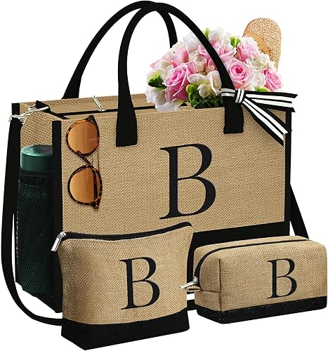 Miniatura 23 de YOOLIFE Regalos para mujeres, bolsa de yute con inicial y 2 bolsas de maquillaje, regalos personalizados para mujeres, profesores, mamá, amiga,