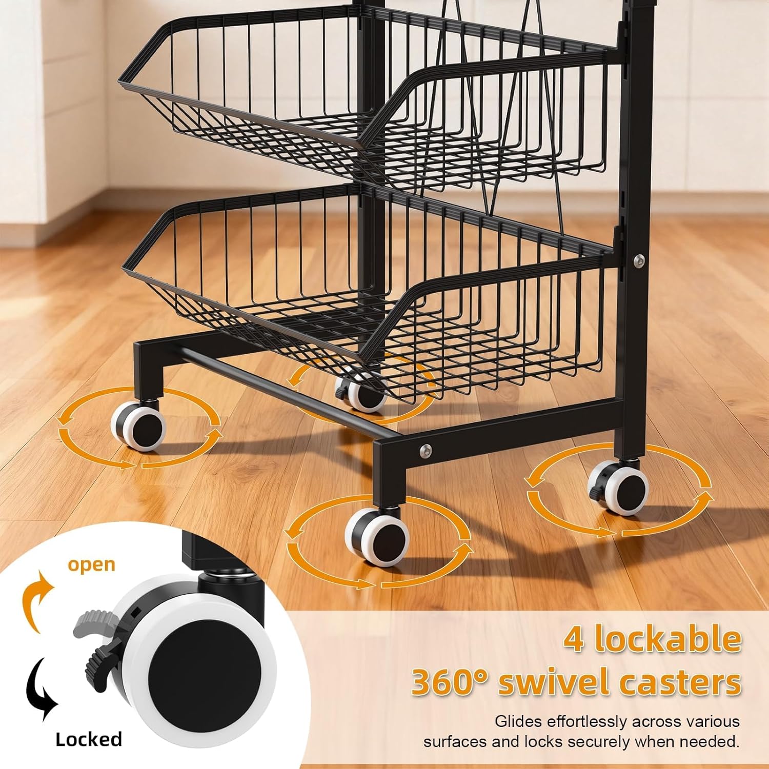 Kitchen Cart with Storage Fruit Vegetable Basket, 5-Tier Metal Wire Adjustable Snack Organizer Rolling Pantry Cart on Wheels, for Fruit, Potato, Onion, Vegetable, Snack, Produce Black