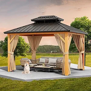 10x12ft Double Roof Hardtop Gazebo, Heavy Duty Galvanised Steel Hardtop Pavilion with Netting and Curtains, Faux Wood Grain Metal Gazebo for Patio, Terrace, Lawn and Deck, Wood Grain