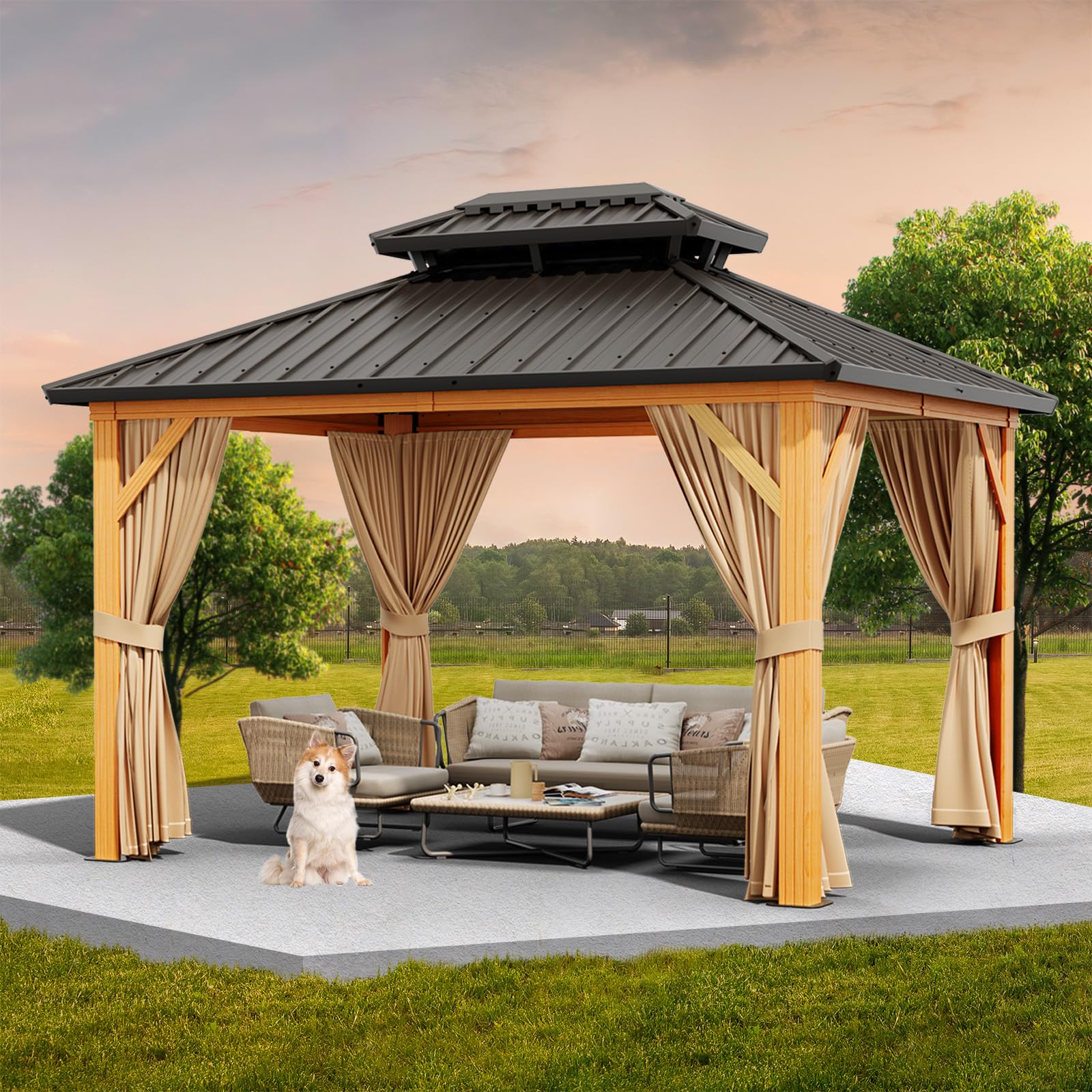 10x12ft Double Roof Hardtop Gazebo, Heavy Duty Galvanised Steel Hardtop Pavilion with Netting and Curtains, Faux Wood Grain Metal Gazebo for Patio, Terrace, Lawn and Deck, Wood Grain
