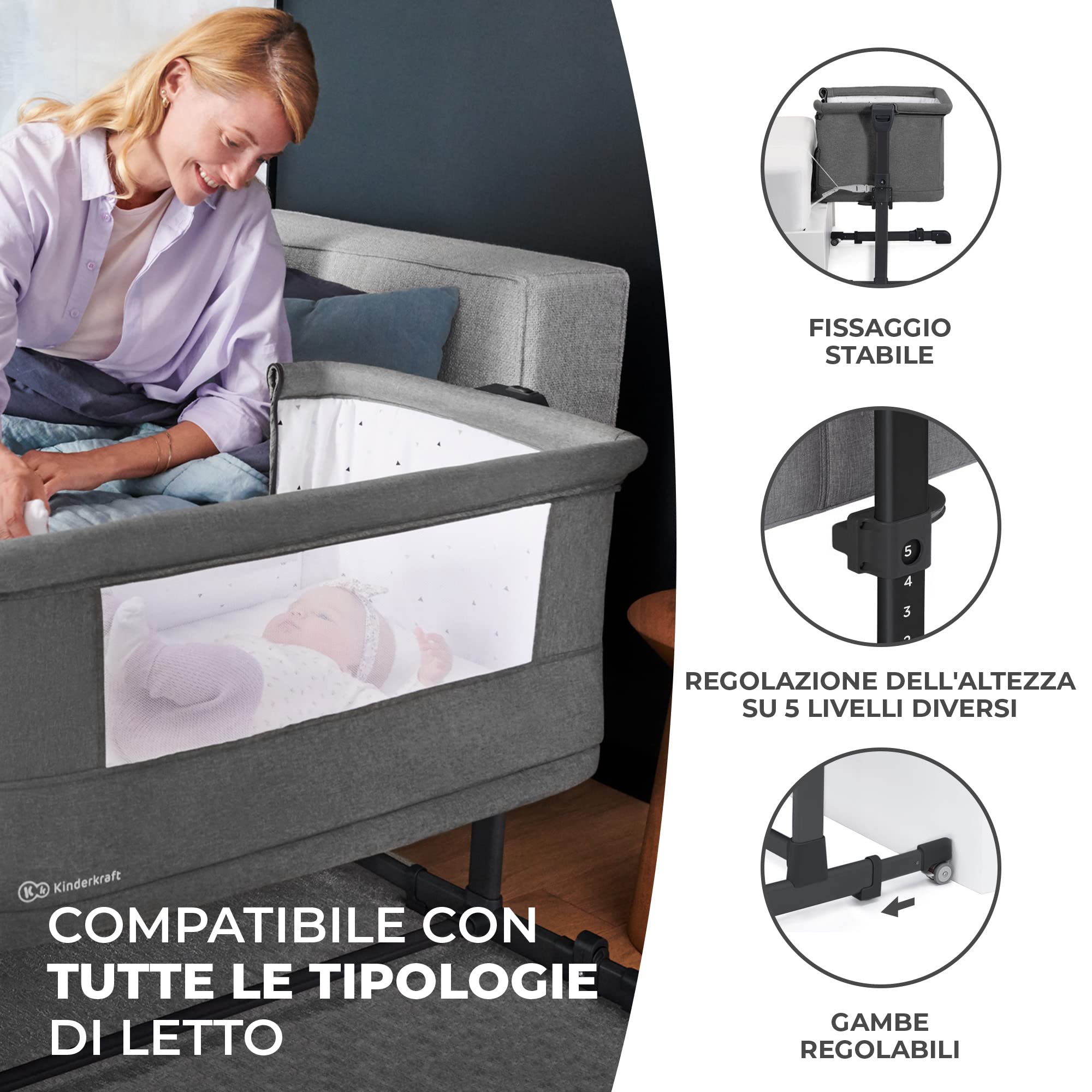kk Kinderkraft NESTE GROW Lettino neonato 3 in 1, Culla co-sleeping, con Materasso Borsa transporto, Altezza regolabile su 5 livelli, dalla nascita fino 2 anni, Grigio