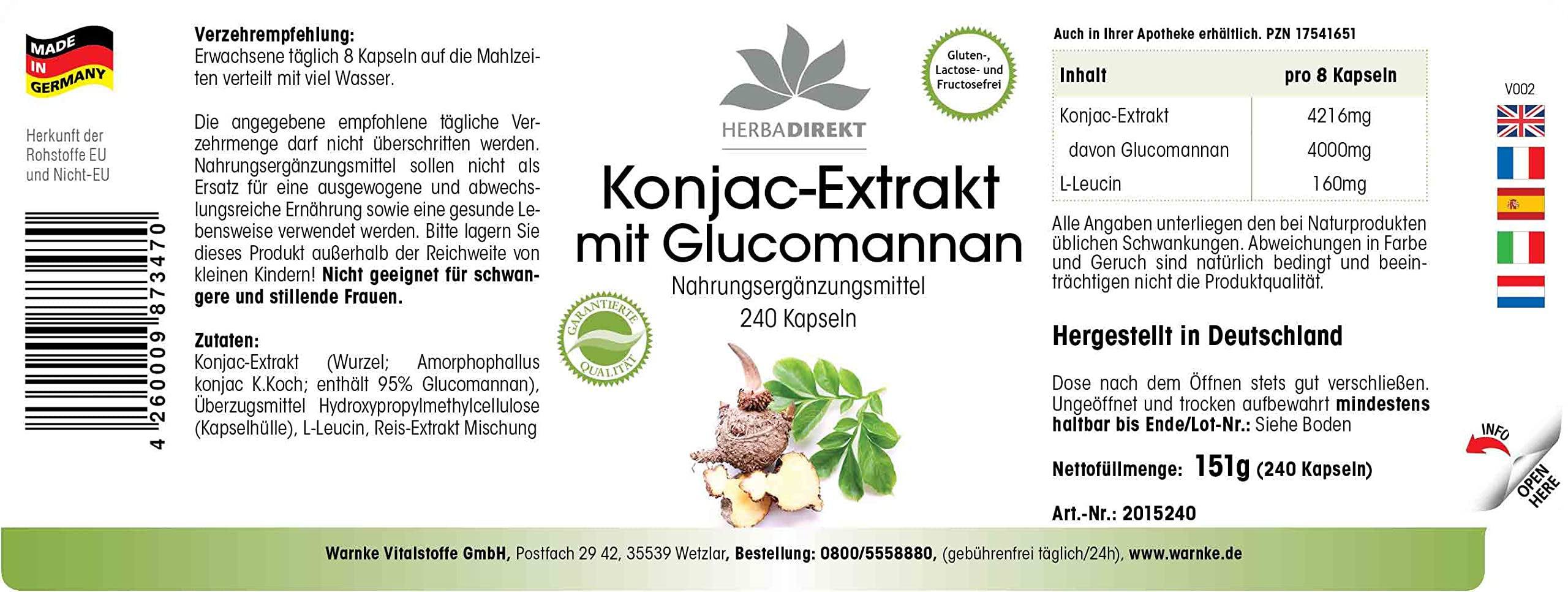 Konjac 527 mg - Extrait - 240 gélules - Végétarien - Avec 95% de glucomannane | Herba Direkt - Qualité des pharmacies allemandes