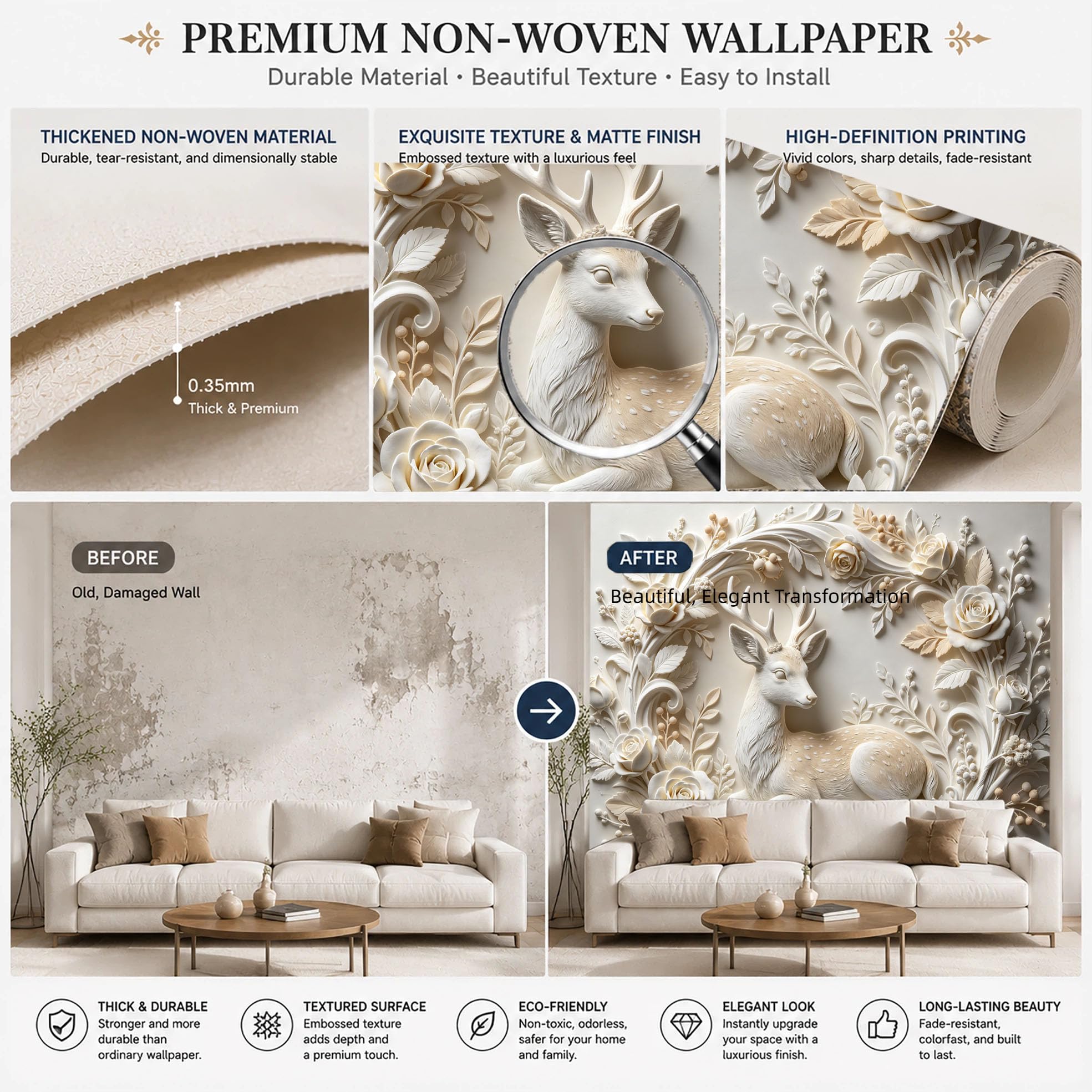 Carta Da Parati Fotografica Premium In Tessuto Non Tessuto con Cervo Maculato A Riposo E Rose 210×150 cm (Lxa) Decorazione Murale Panoramica Ed Elegante con Tema Boschivo E Natura Ideale per Divano