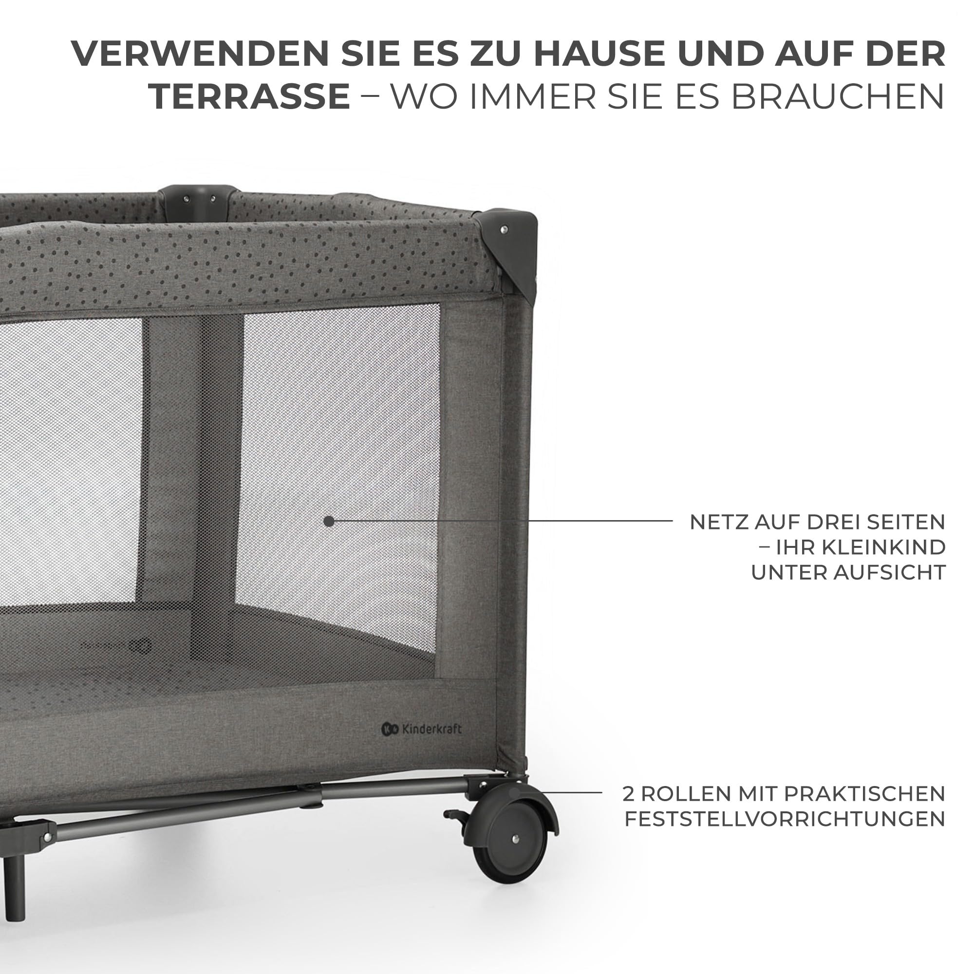 Kinderkraft Joy 2 Kinderbett, 2 in 1 Kinderreisebett, Babybetten, Kinderbett, Reisebett, Modernes Design, Kleine Abmessungen nach Zusammenklappe, Räder, Dunkelgrau