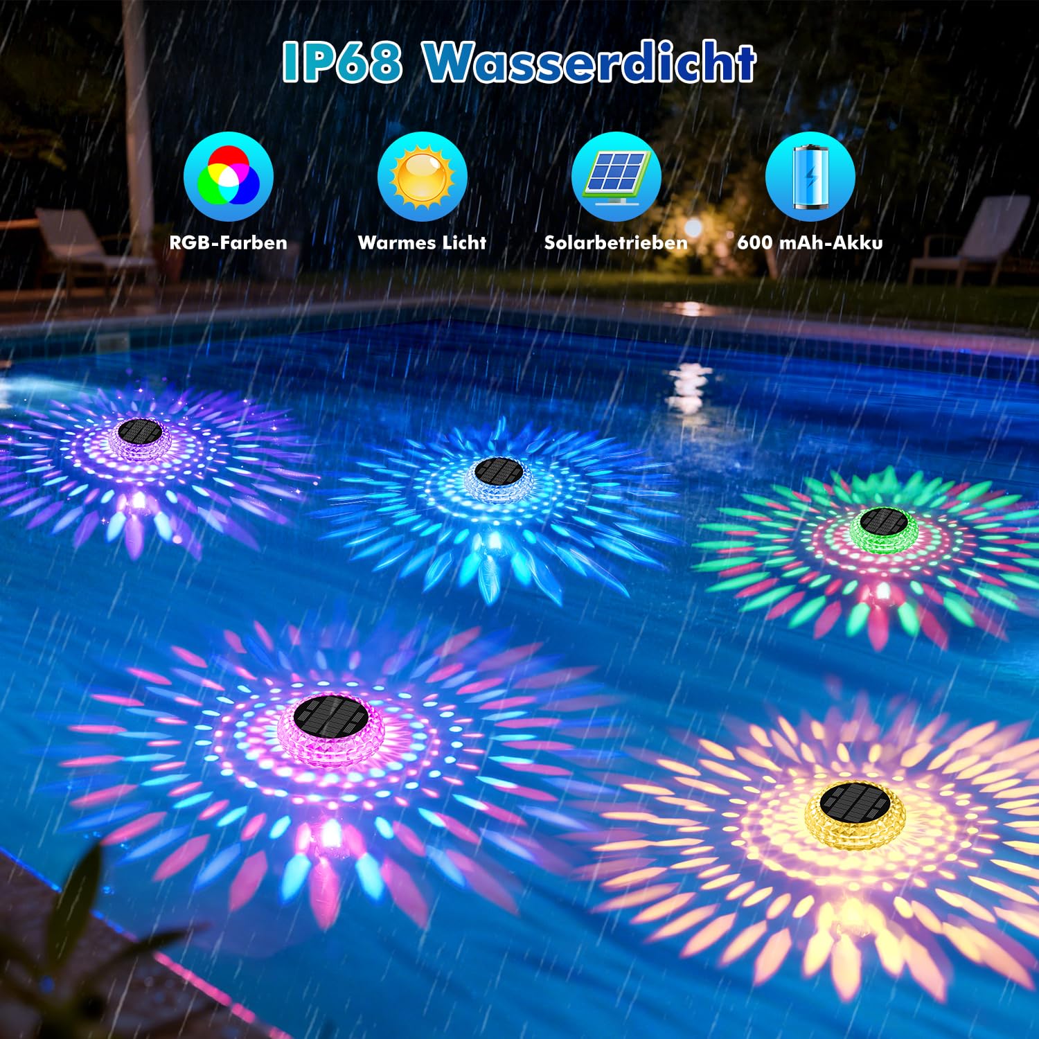 Shuniu Solar Poolbeleuchtung Unterwasser, 2 Stück Schwimmende LED Pool Licht, RGB & Warmweiß Modi, IP68 Wasserdicht, 600mAh Akku, Teichbeleuchtung für Whirlpool, Schwimmbad & Badewanne Deko
