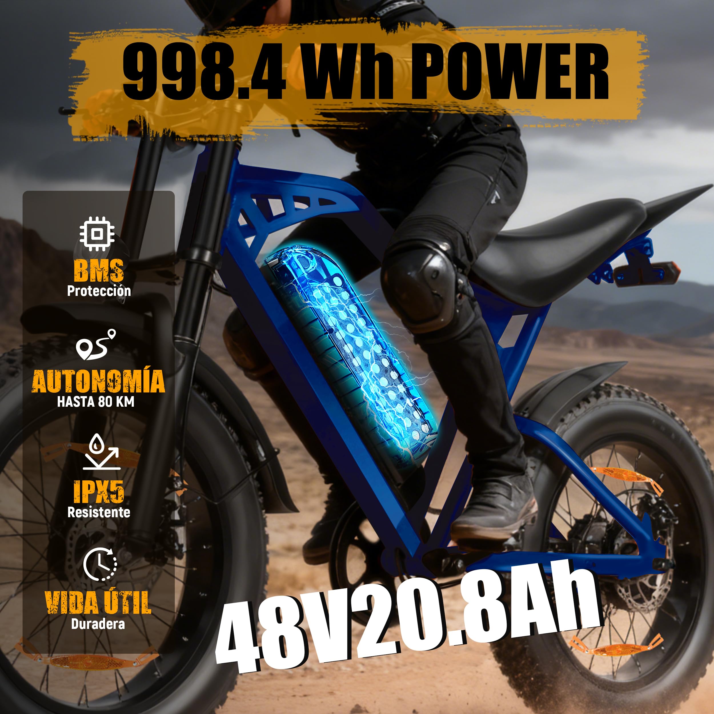 ESKUTE V202 - Bicicleta eléctrica para adultos, Fat Bike eléctrica 20 x 4.0 con batería extraíble de 48 V 20,8 Ah, E-Bike All Terrain, 7 velocidades, frenos de disco mecánicos