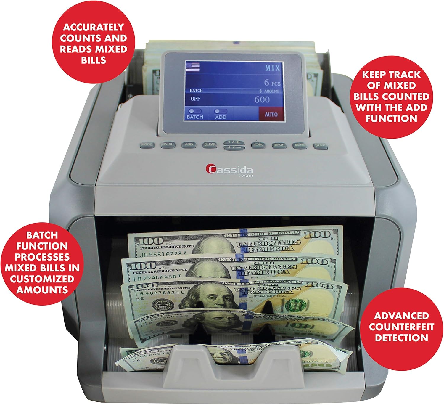 Cassida BRD-7750R Money Counter Machine Mixed Denomination, Bill Value Counting with UV/MG/IR/CIS Counterfeit Detection, Multi Currency, Printer Enabled : Office Products