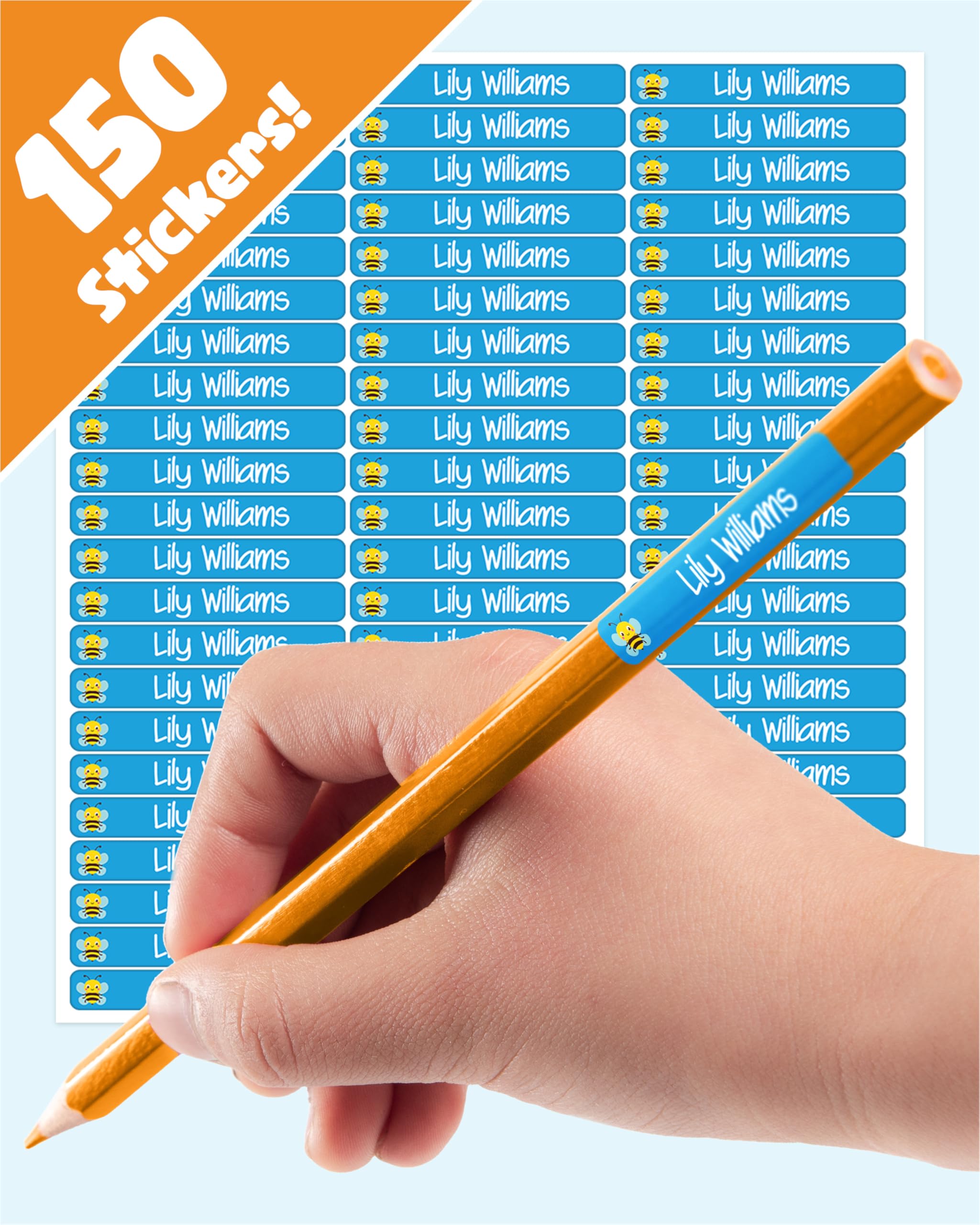 LabelTiger® Personalised Small Name Labels for School Supplies - (150 Pieces) - Self-Adhesive, No-Iron, Waterproof Tags for All Ages - Ideal for Pens, Pencils, Markers & Stationery - Blue