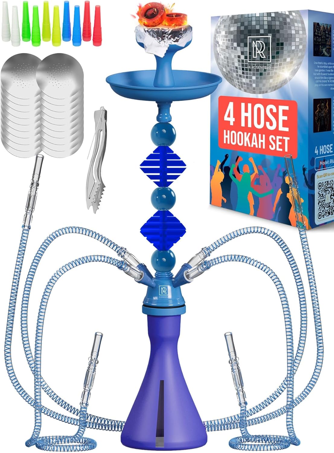 Blue Hookah Set 4 Hose - 22 Inch Royal Blue Hookah Set With Everything 4 Hose - 4 Hose Hookah Set - Hookah Set 4 Hose with 50x Foil Big Silicone Bowl 10x Tips 4x Hookah Hose Tongs - Hookah Blue