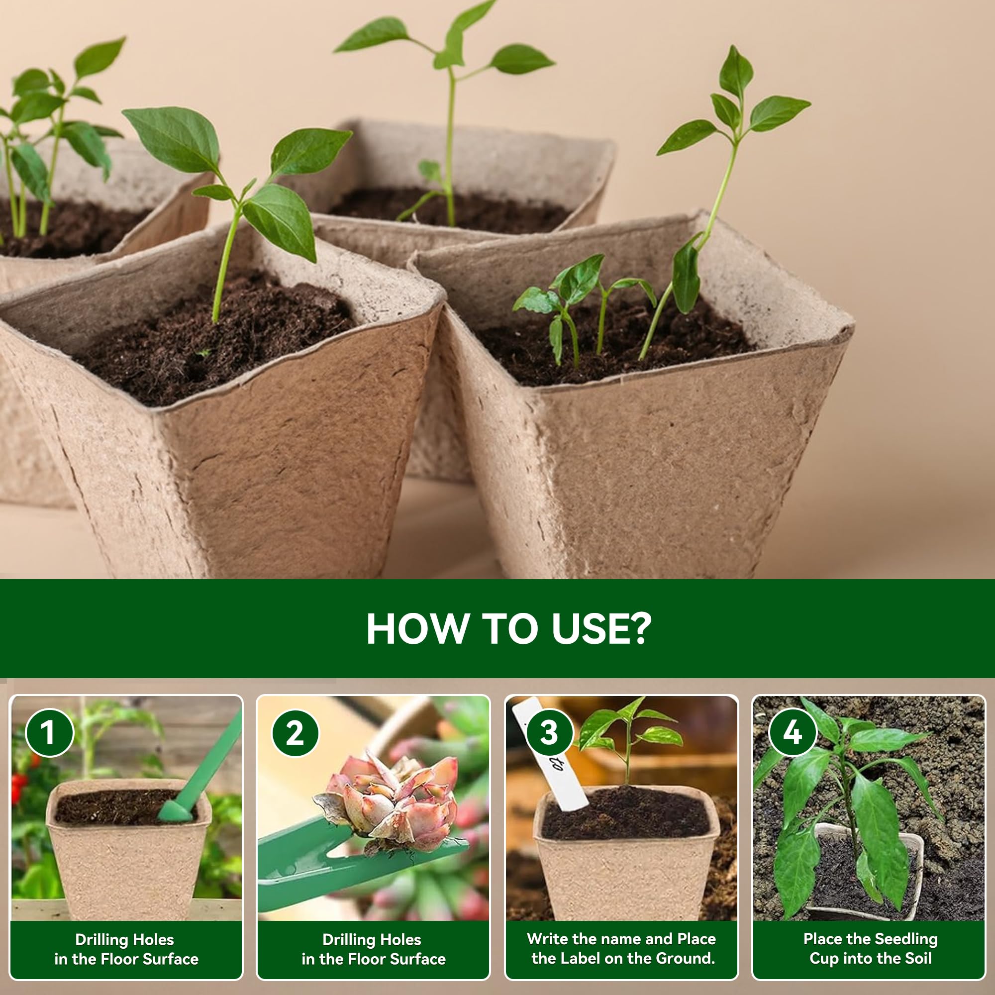 Pots Biodégradables,100 Pièces 8 CM Pot de Semis de Plante,avec 100 étiquettes de Plantes +2Pcs Outils de Repiquage,Peti Pots pour Plantation Graine Fleurs