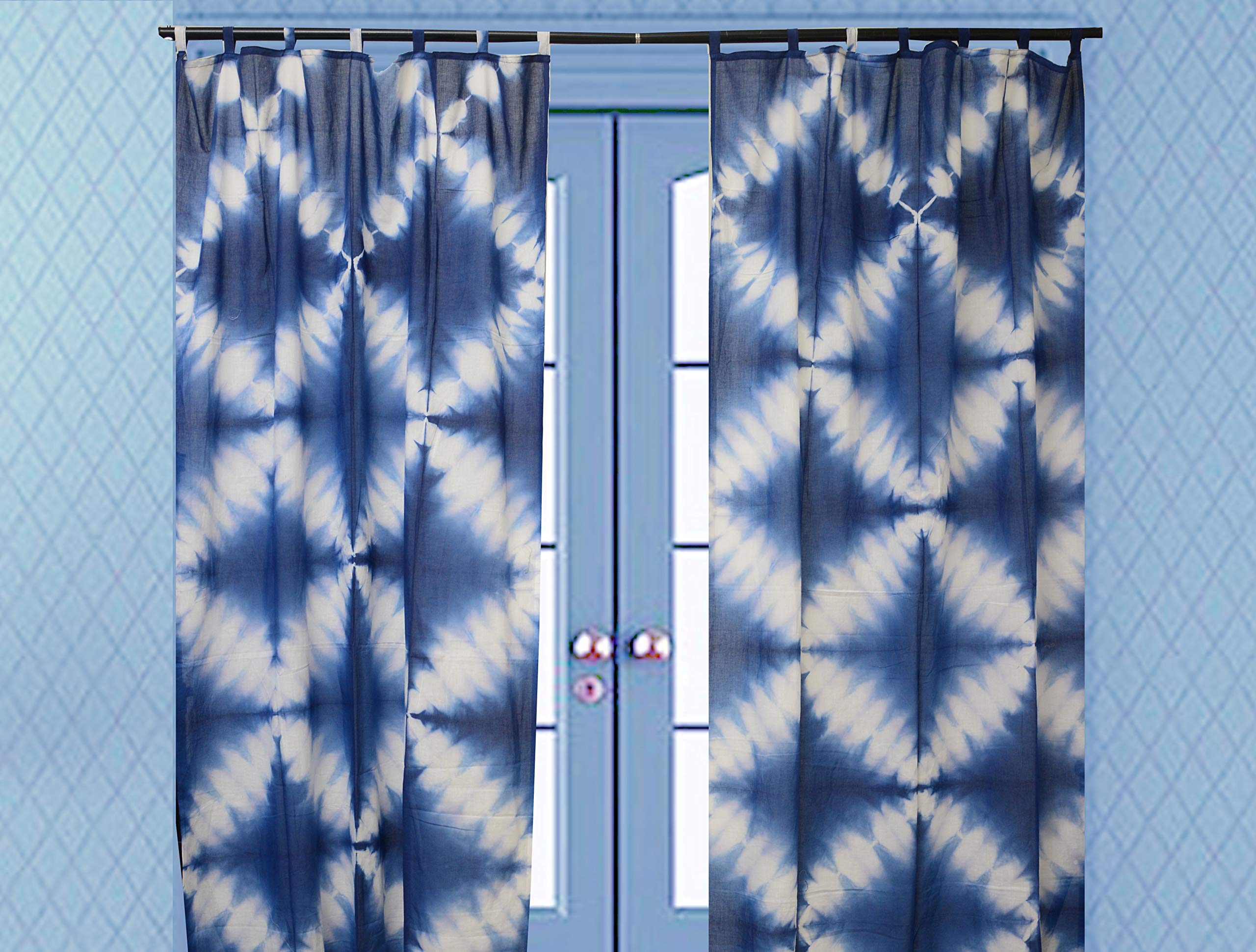 Trade Star 100% Cotton Curtain Premium Quality Handmade Indigo Window Panel Indian Decorative Sheer Long Curtain Boho Shibori Tie Dye Pattern Drapes for Living Room Decor (44X60 INCHES)