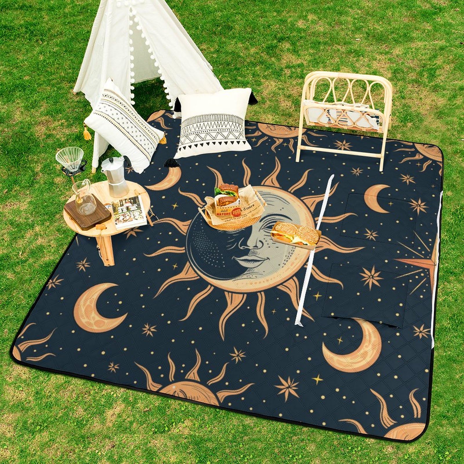 3D Impression Le Ciel étoilé Couverture Pique Nique Or Tapis Pique Nique Tapis Plage Tapis Picnic pour Jardin,Nappe, BBQ, Randonnée 148x148cm