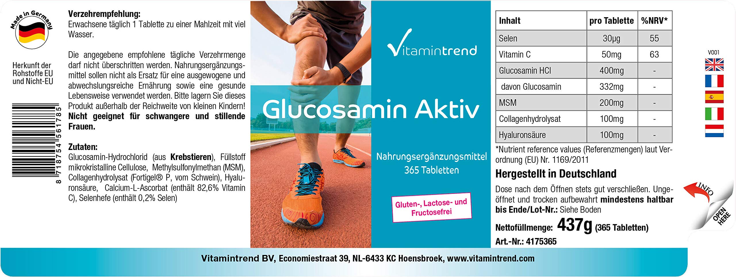 Vitamintrend Glucosamine Active, 365 comprimés, hautement dosé, avec MSM, collagène, vitamine C et sélénium, complément alimentaire sans stéarate de magnésium, fabriqué en Allemagne