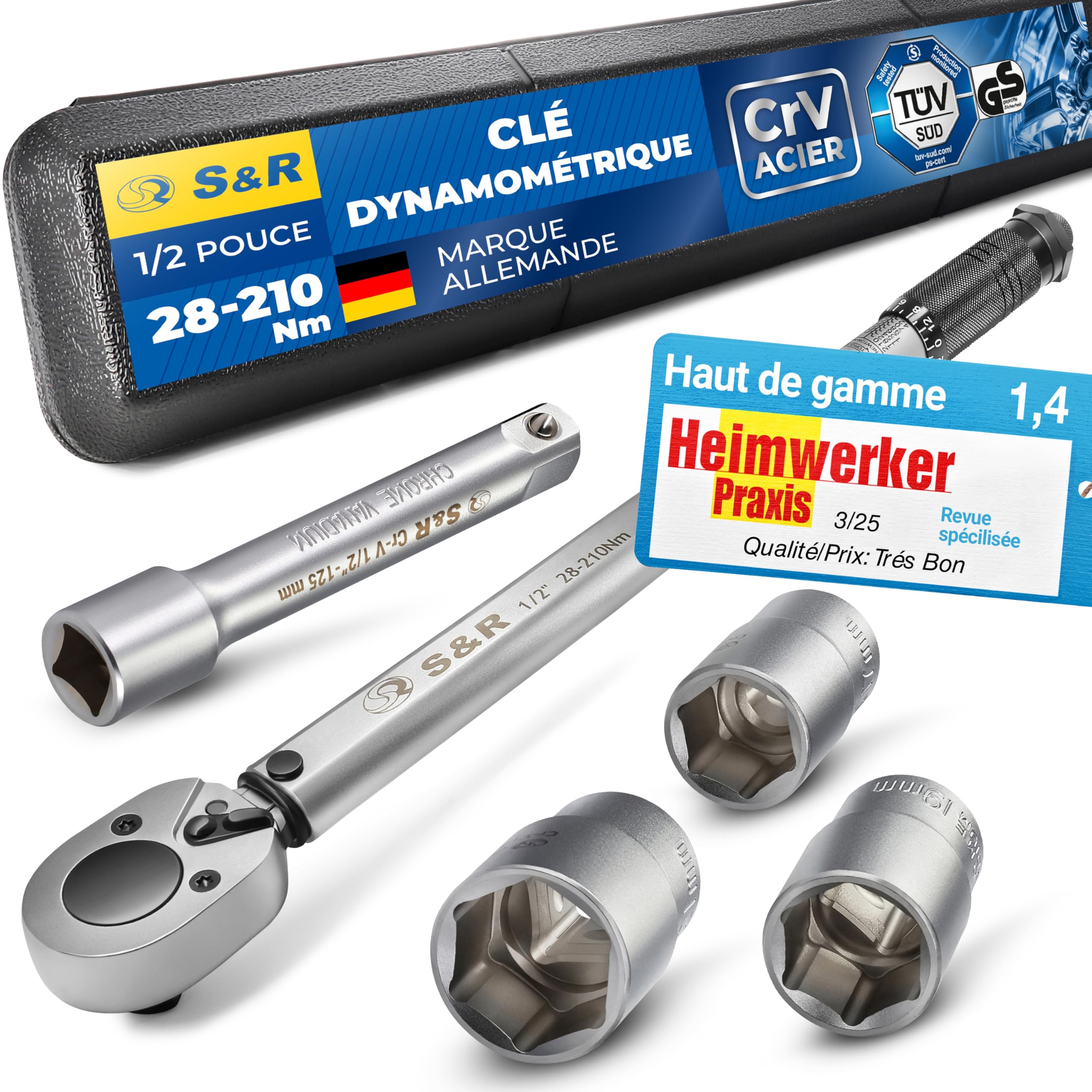 S&R Clé Dynamométrique 1/2 28-210 Nm Set avec Rallonge et 3 Douilles